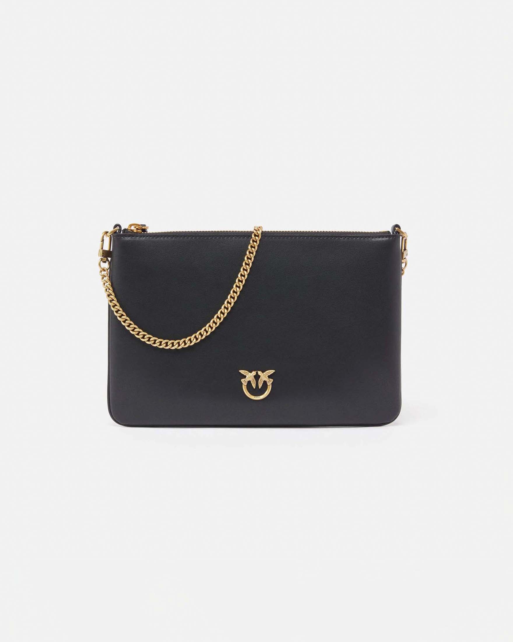 Borsa Flat Love Bag Pinko in pelle liscia nera con tracolla removibile e logo dorato