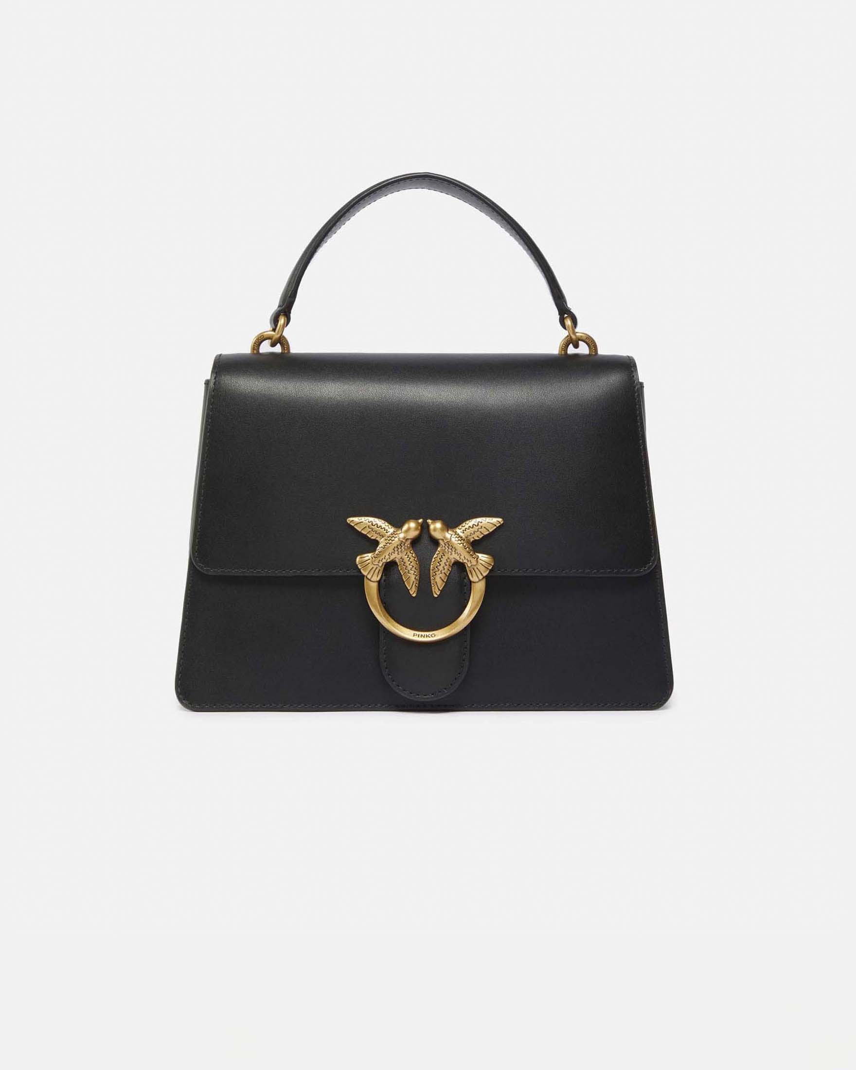 Borsa a trapezio Love Bag Top Handle Light in pelle nera liscia con fibbia Love Birds dorata