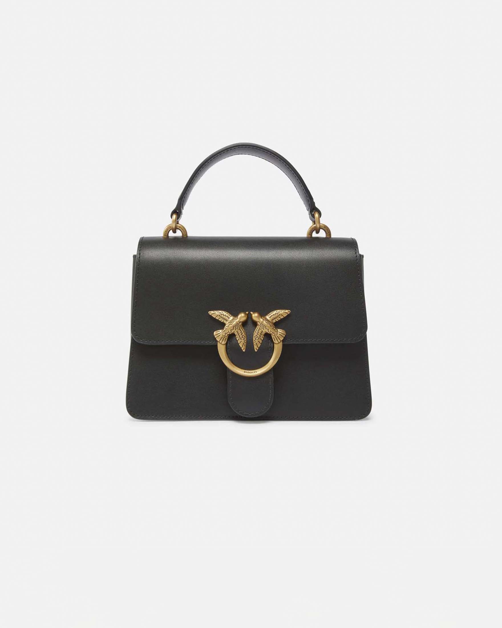 Borsa a trapezio Mini Love Bag Top Handle Light in pelle nera liscia con fibbia Love Birds dorata