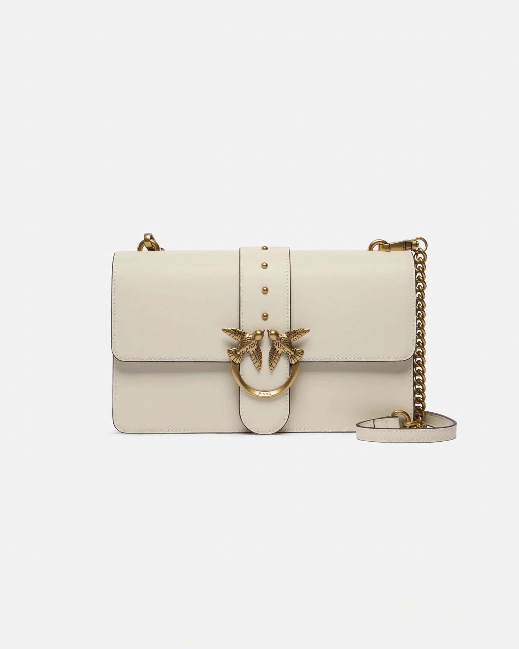 Borsa Love Bag One Pinko in pelle liscia bianca con fibbia Love Birds dorata e tracolla a catena