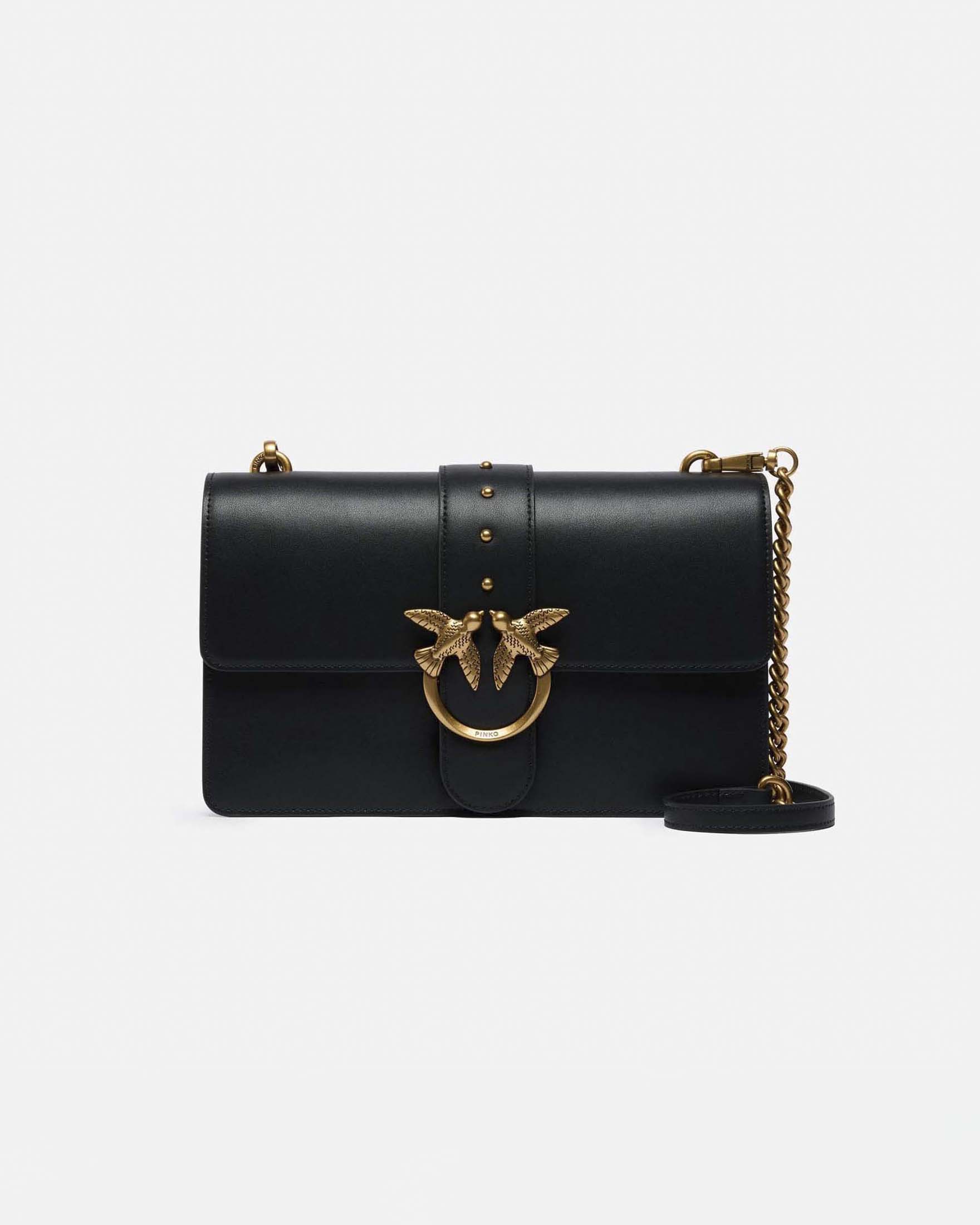 Borsa Love Bag One in pelle liscia nera con fibbia Love Birds dorata e tracolla a catena