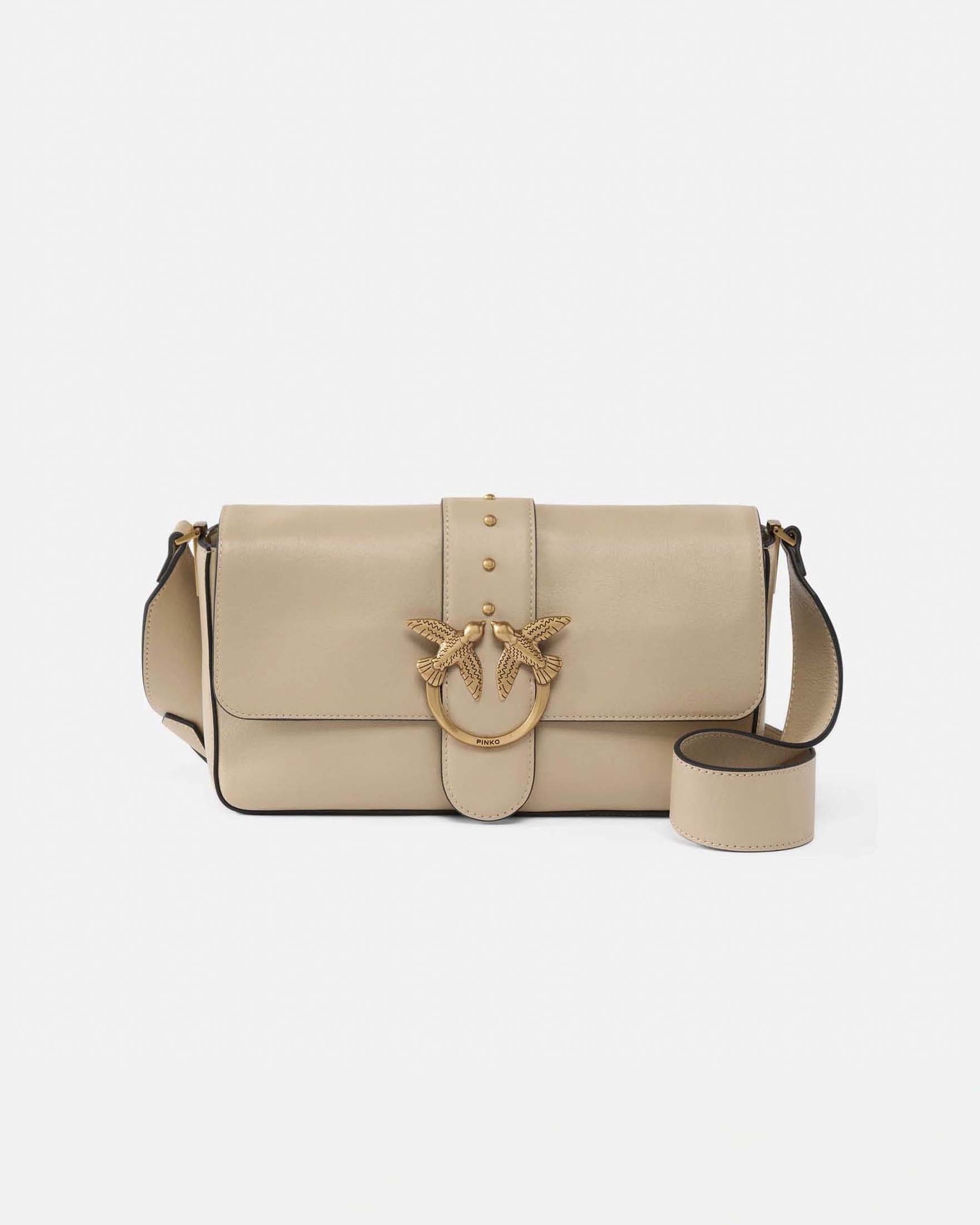 Borsa Love Bag Slouchy Pinko in pelle beige con tracolla e fibbia Love Birds dorata