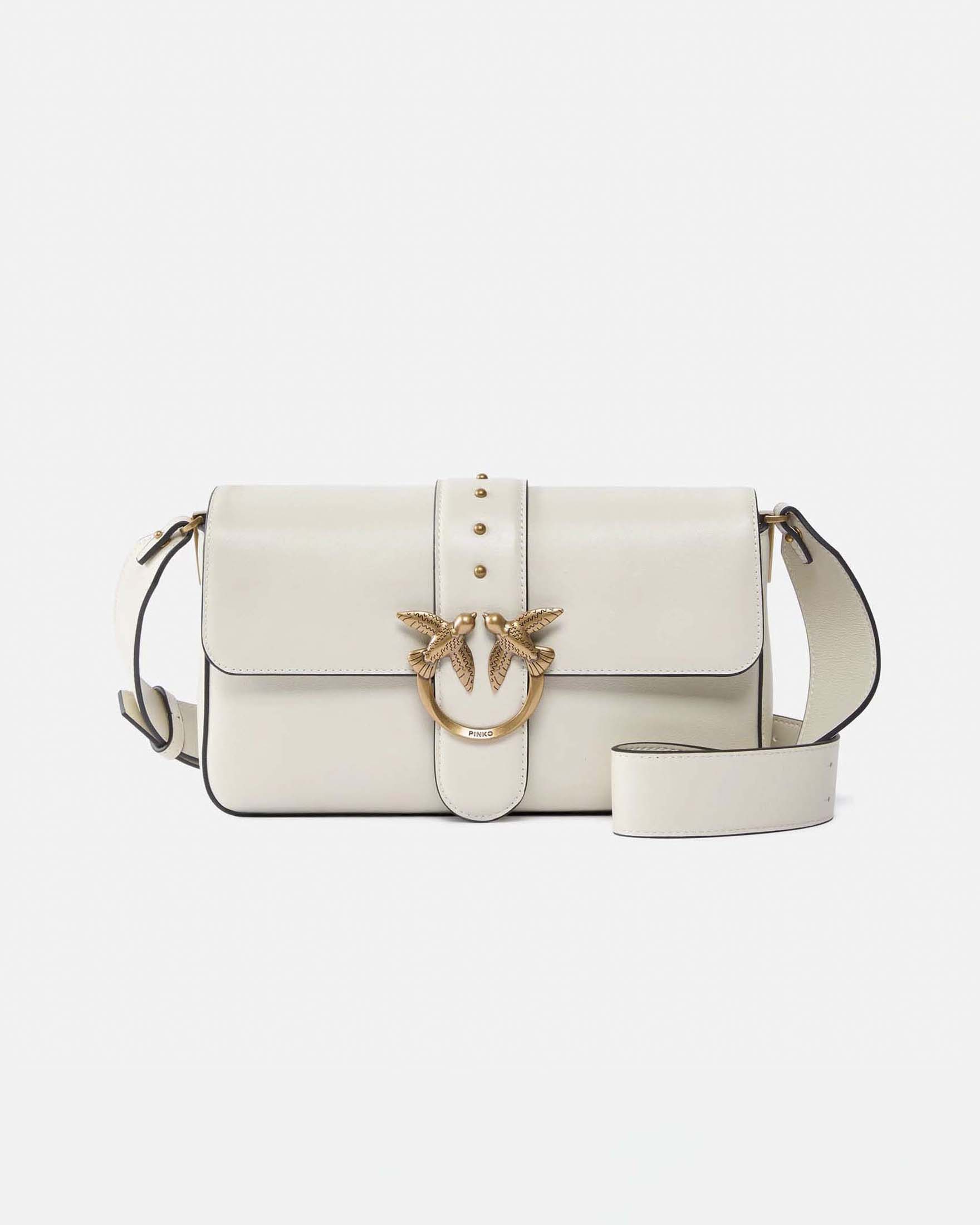 Pinko — Borsa Love Bag Slouchy Pinko in pelle bianca con tracolla e fibbia Love Birds dorata