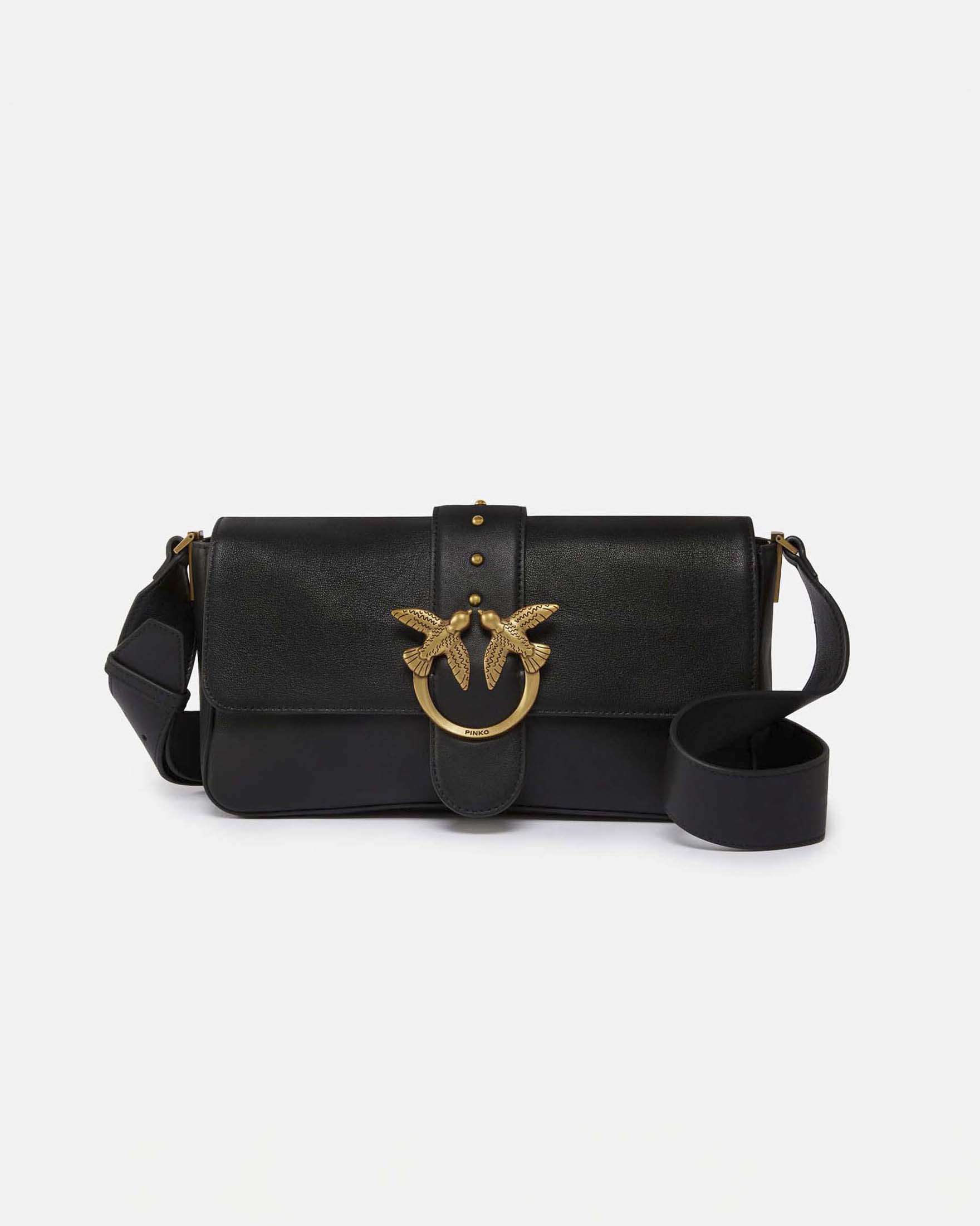 Borsa Love Bag Slouchy in pelle nera con tracolla e fibbia Love Birds dorata