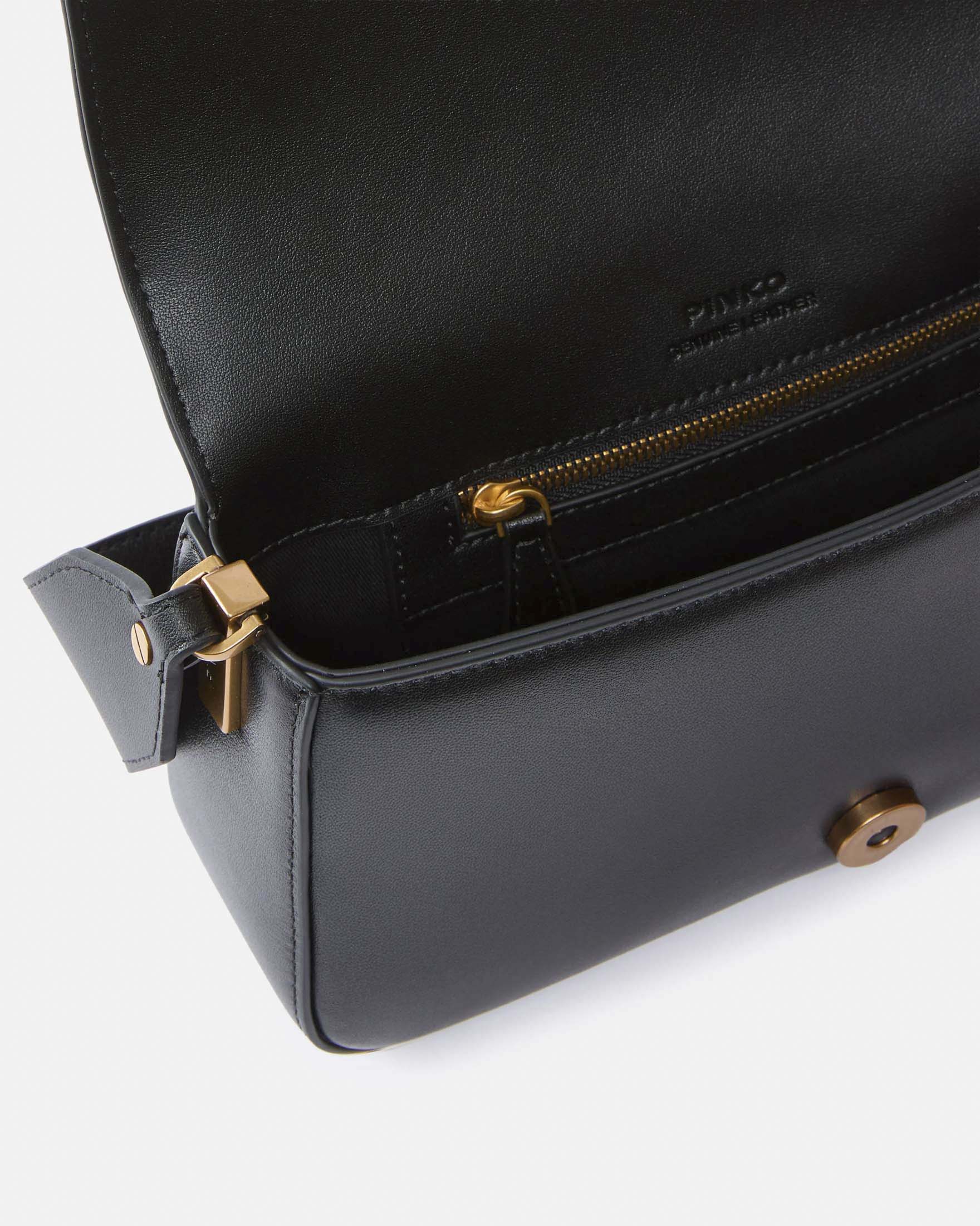 Borsa Mini Love Bag Slouchy Pinko in pelle nera con tracolla e fibbia Love Birds dorata image