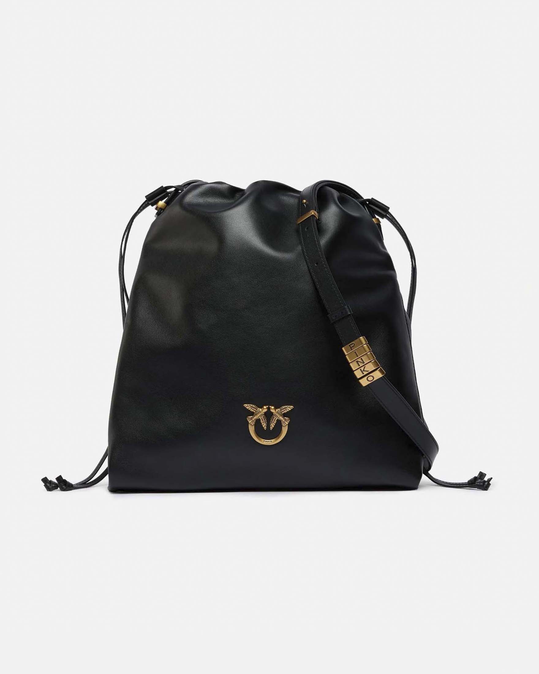 Borsa a sacchetto media nera in pelle liscia con fibbia Love Birds dorata e tracolla