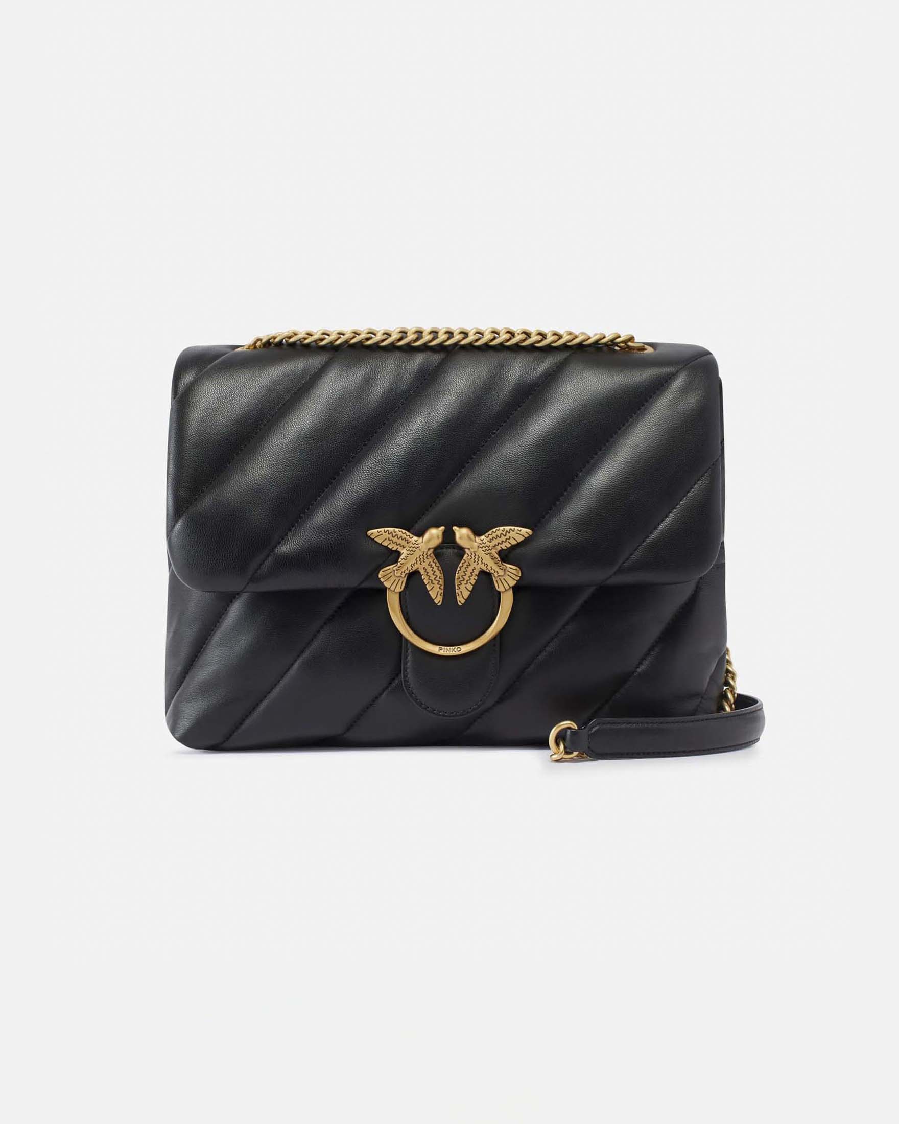 Borsa Big Love Bag Puff Maxi Quilt in pelle nera con fibbia Love Birds dorata e tracolla