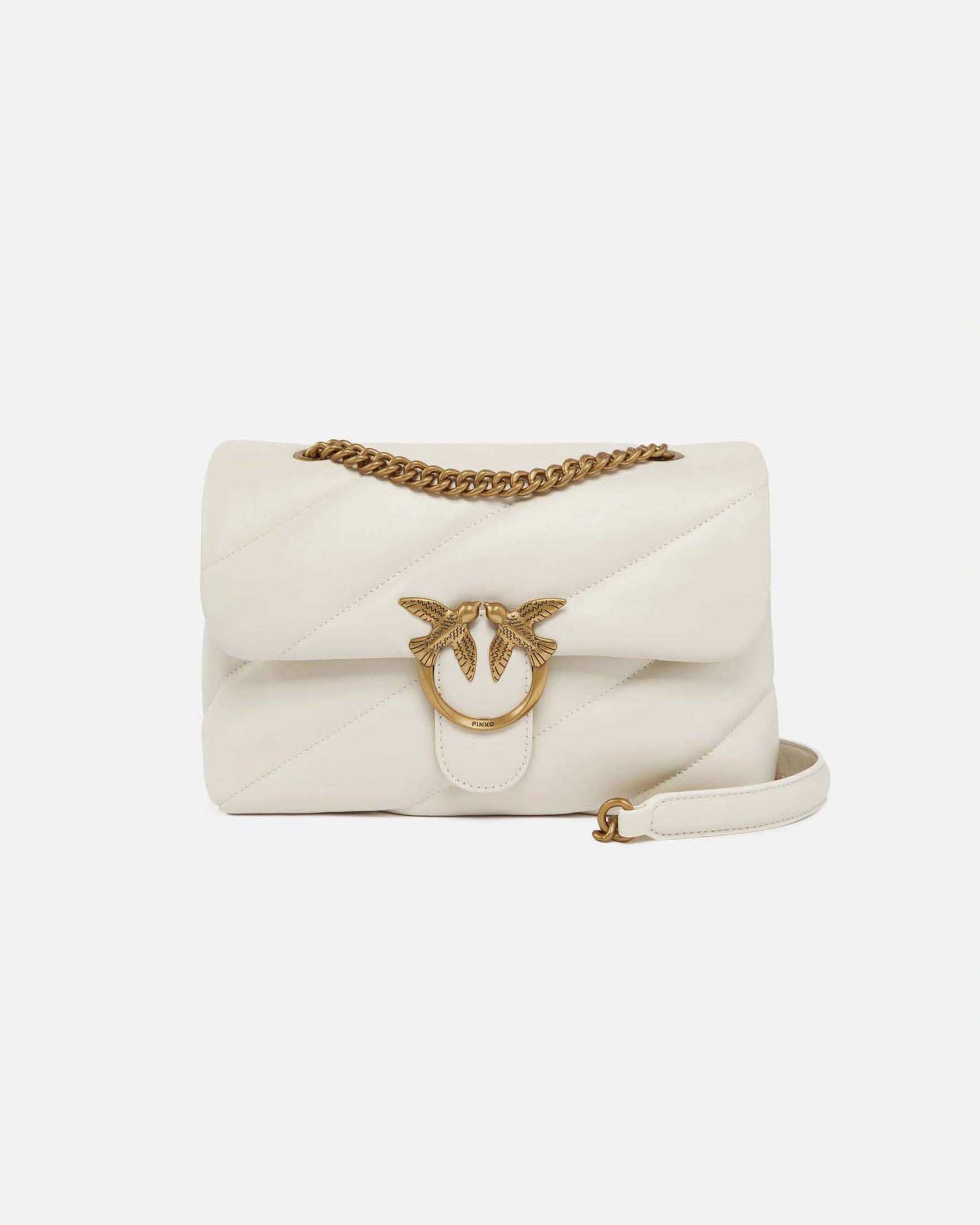 Borsa Classic Love Bag Puff Pinko in pelle bianca con fibbia Love Birds dorata e tracolla