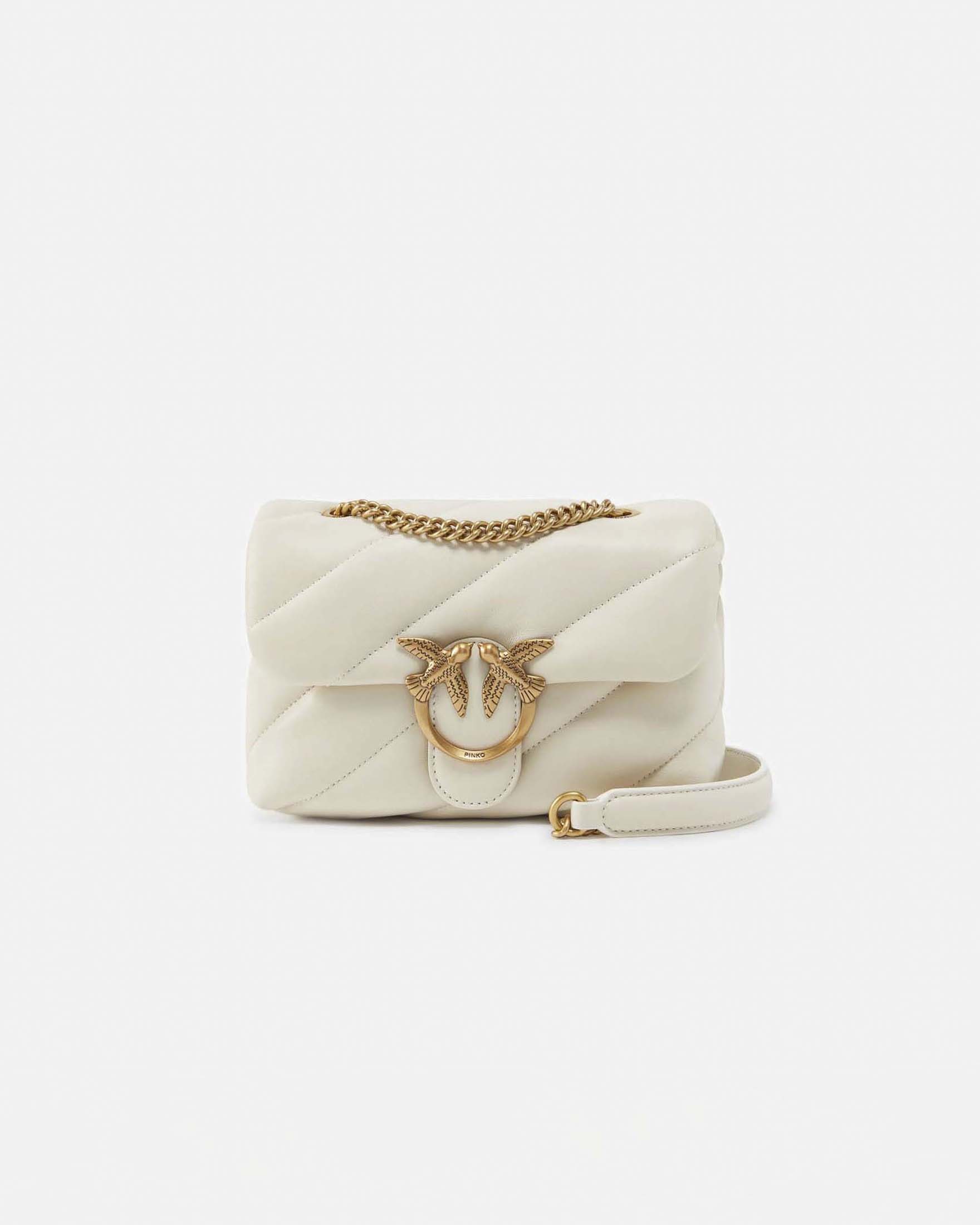 Borsa Mini Love Bag Puff in pelle bianca con fibbia Love Birds dorata e tracolla