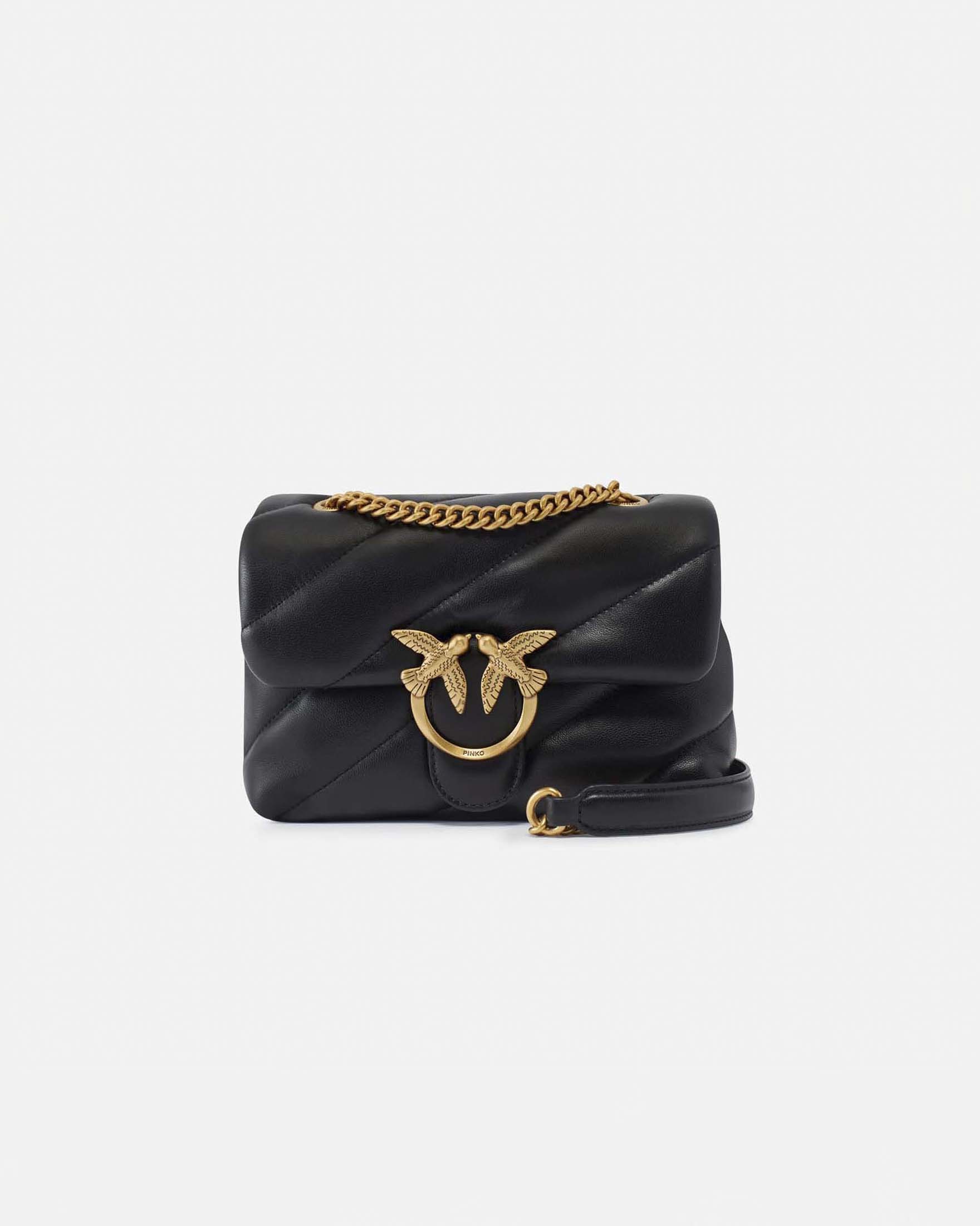 Borsa Mini Love Bag Puff in pelle nera con fibbia Love Birds dorata e tracolla