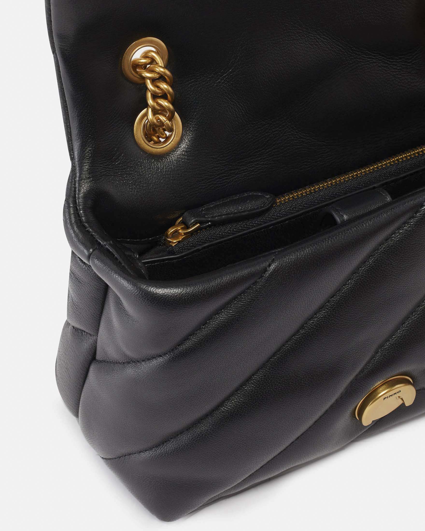 Borsa Mini Love Bag Puff Pinko in pelle nera con fibbia Love Birds dorata e tracolla image