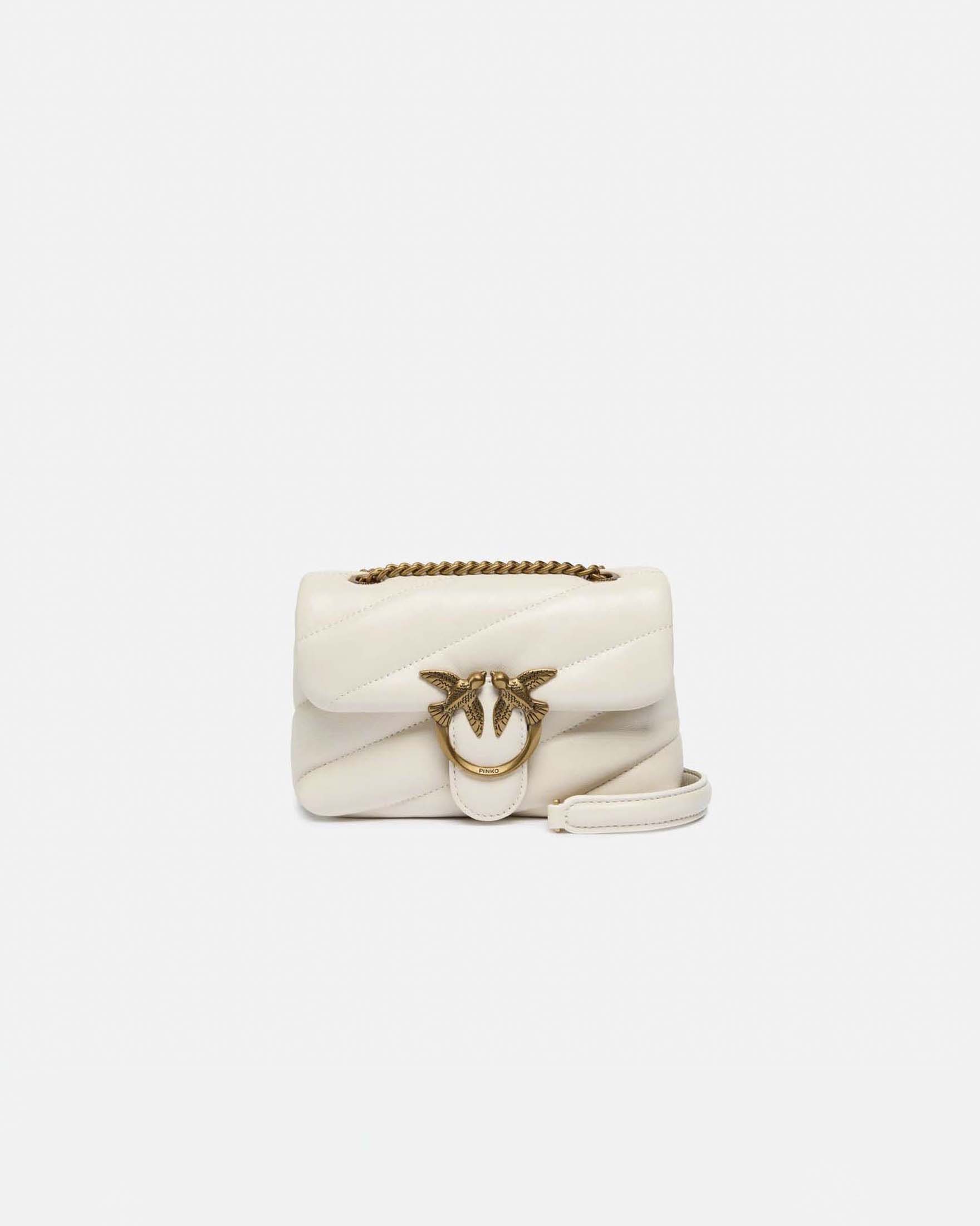 Borsa Baby Love Bag Puff Pinko in pelle bianca con fibbia Love Birds dorata e tracolla