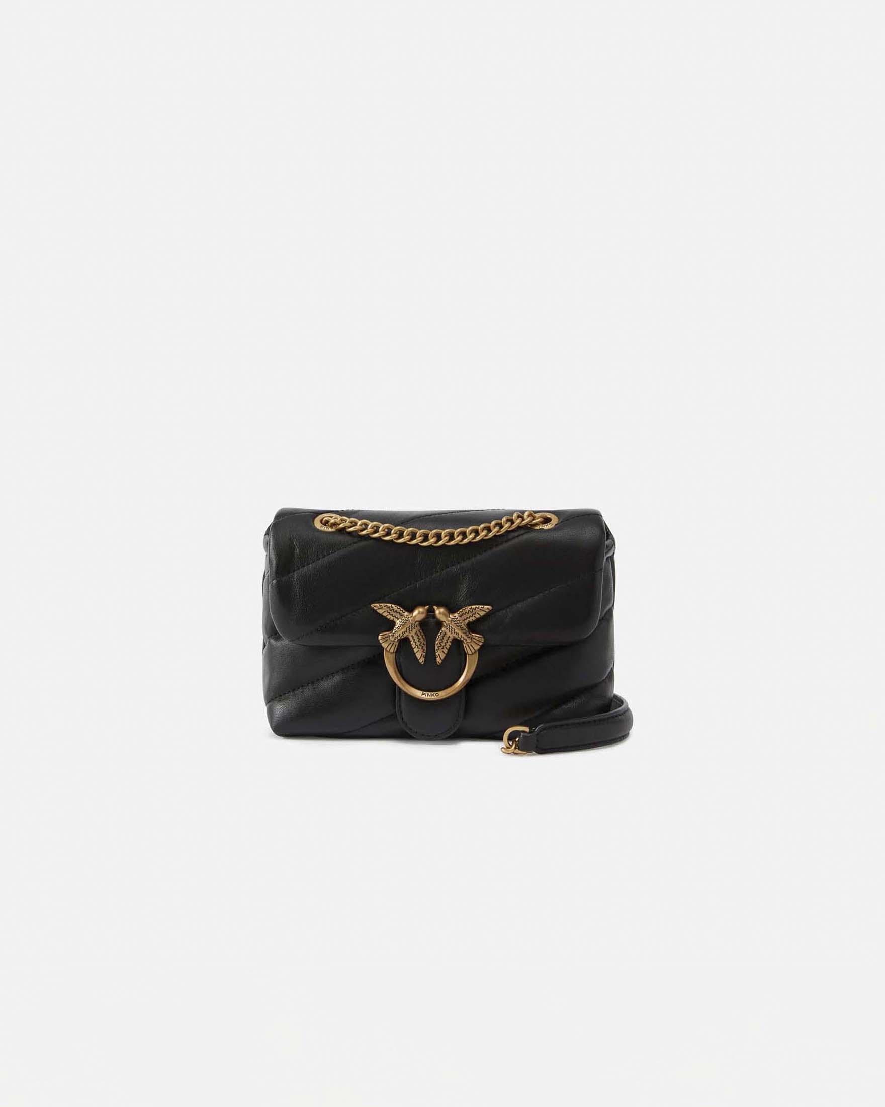 Borsa Baby Love Bag Puff in pelle nera con fibbia Love Birds dorata e tracolla