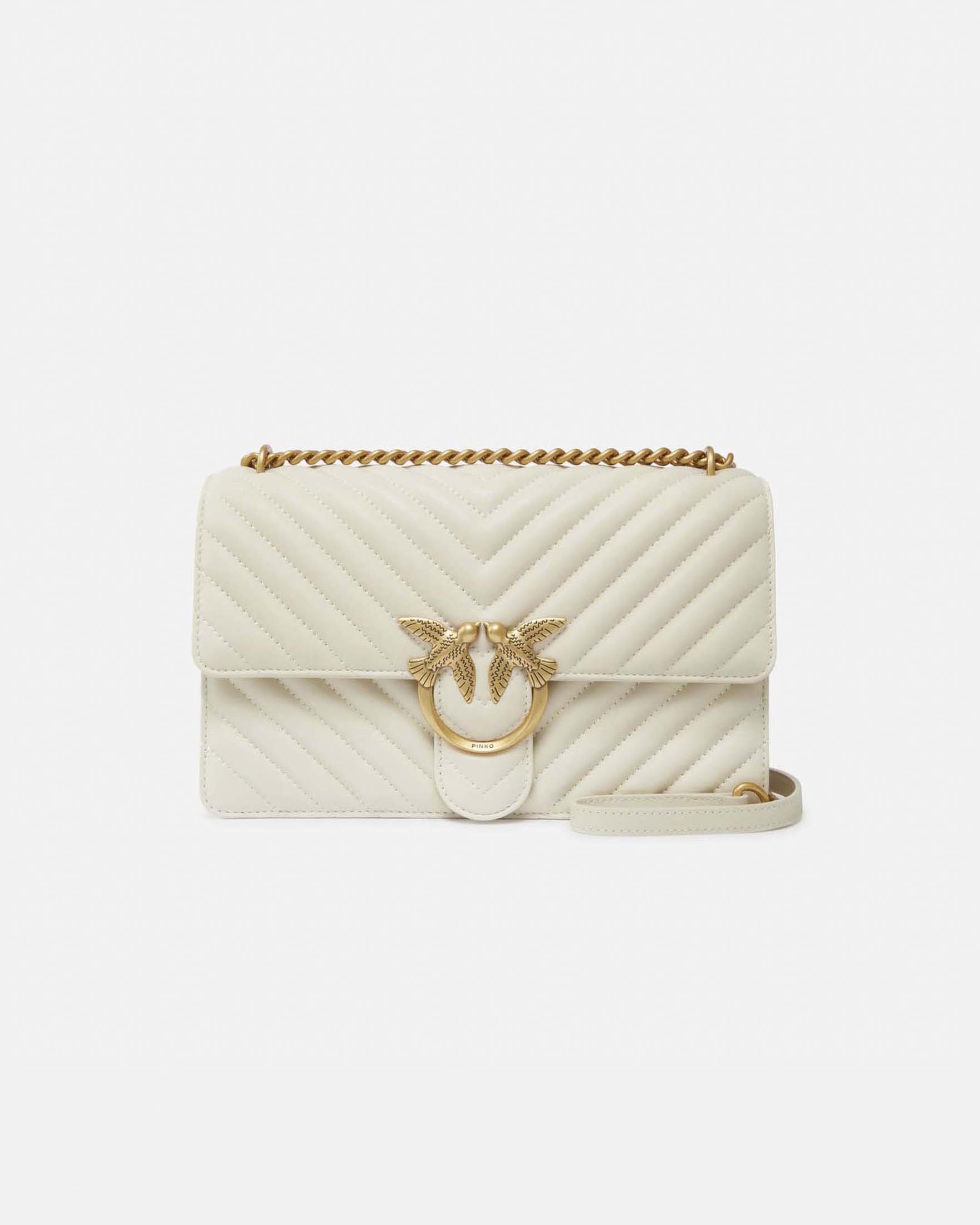 Borsa Love Bag One Chevron in pelle bianca con fibbia Love Birds dorata e tracolla a catena