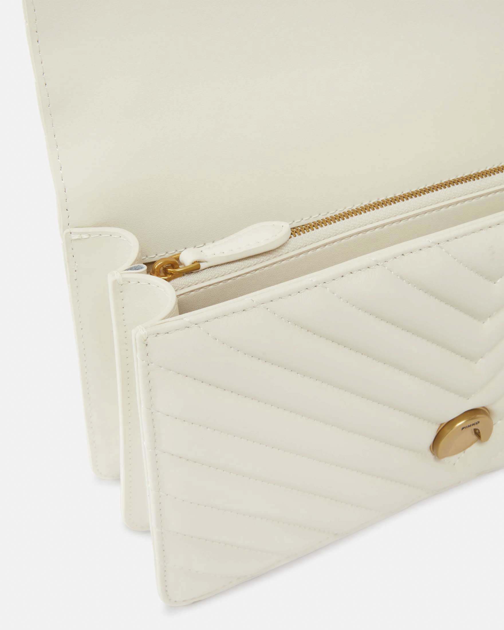 Borsa Love Bag One Chevron Pinko in pelle bianca con fibbia Love Birds dorata e tracolla a catena image