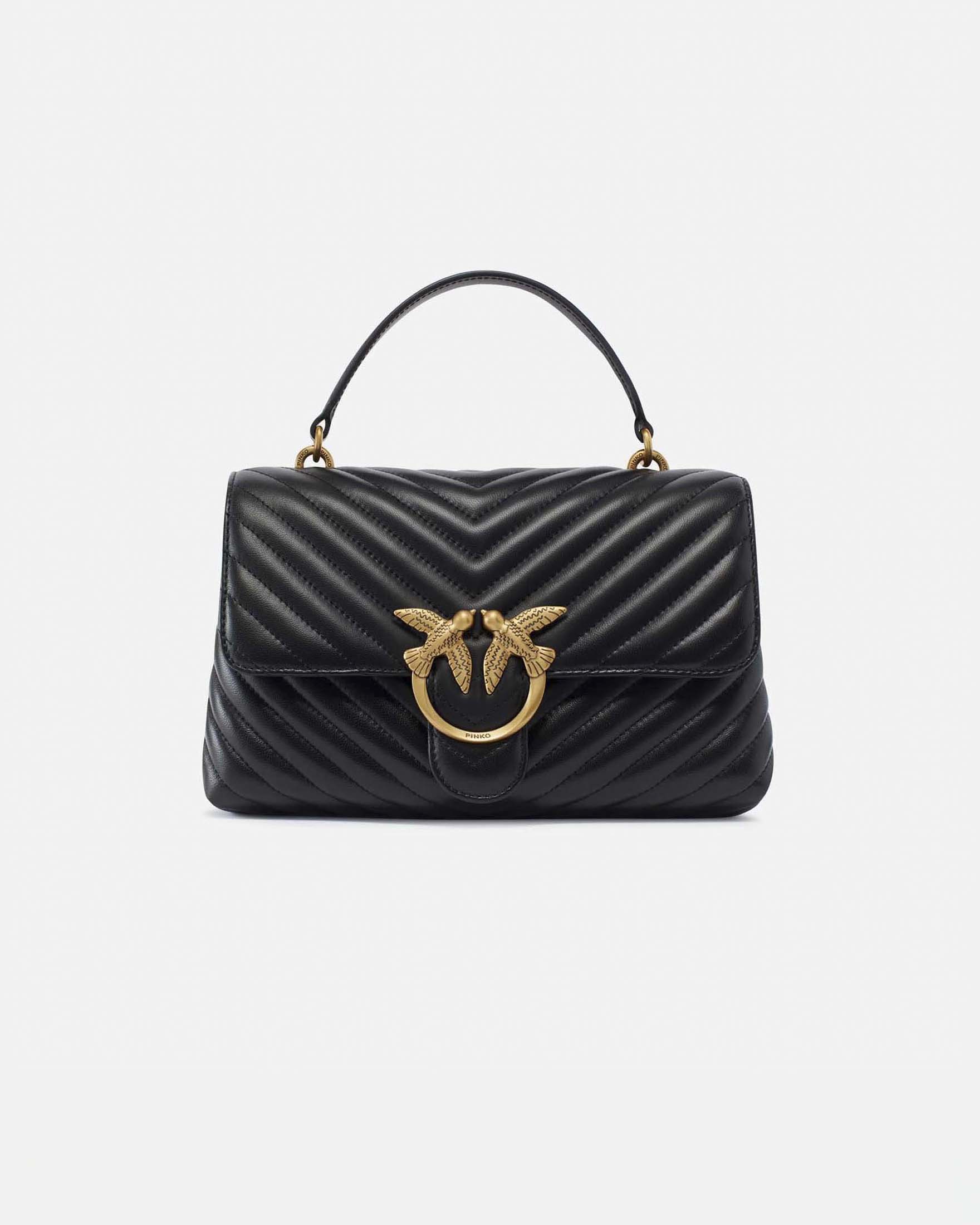 Borsa Love Bag Puff Chevron in pelle nera con fibbia Love Birds dorata e tracolla a catena