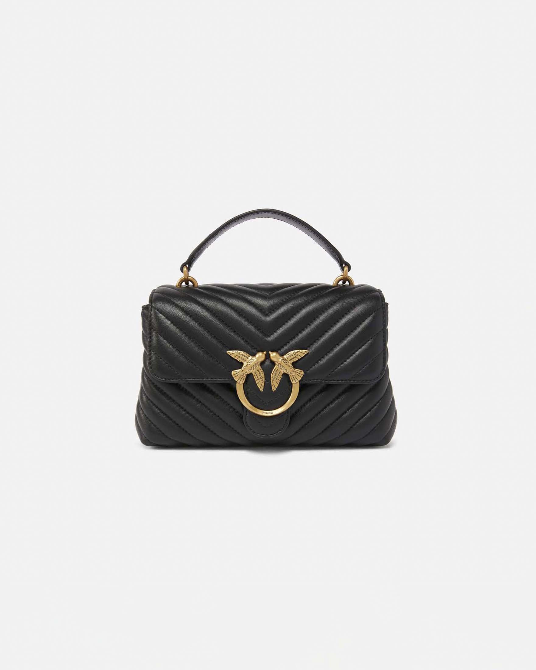Borsa Mini Love Bag Puff Chevron in pelle nera con fibbia Love Birds dorata e tracolla