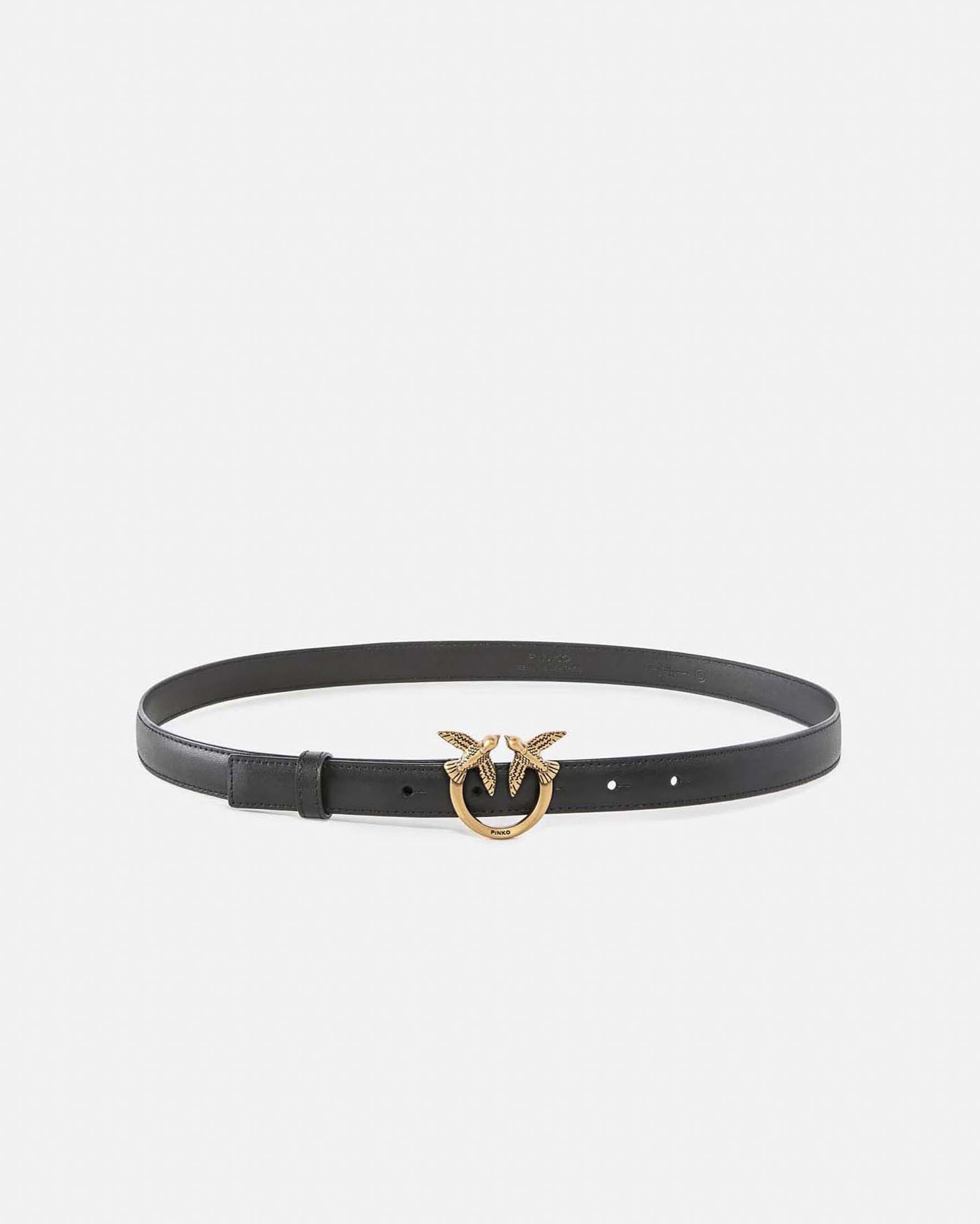 Cintura sottile Love Birds Pinko in pelle liscia nera con fibbia logo dorata