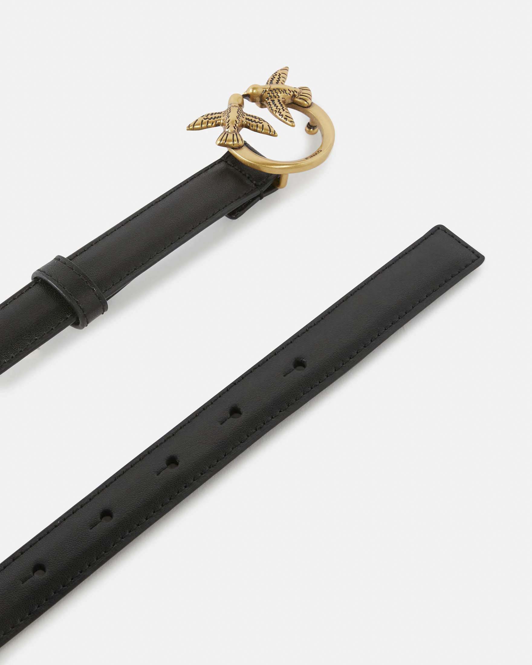 Cintura sottile Love Birds Pinko in pelle liscia nera con fibbia logo dorata image