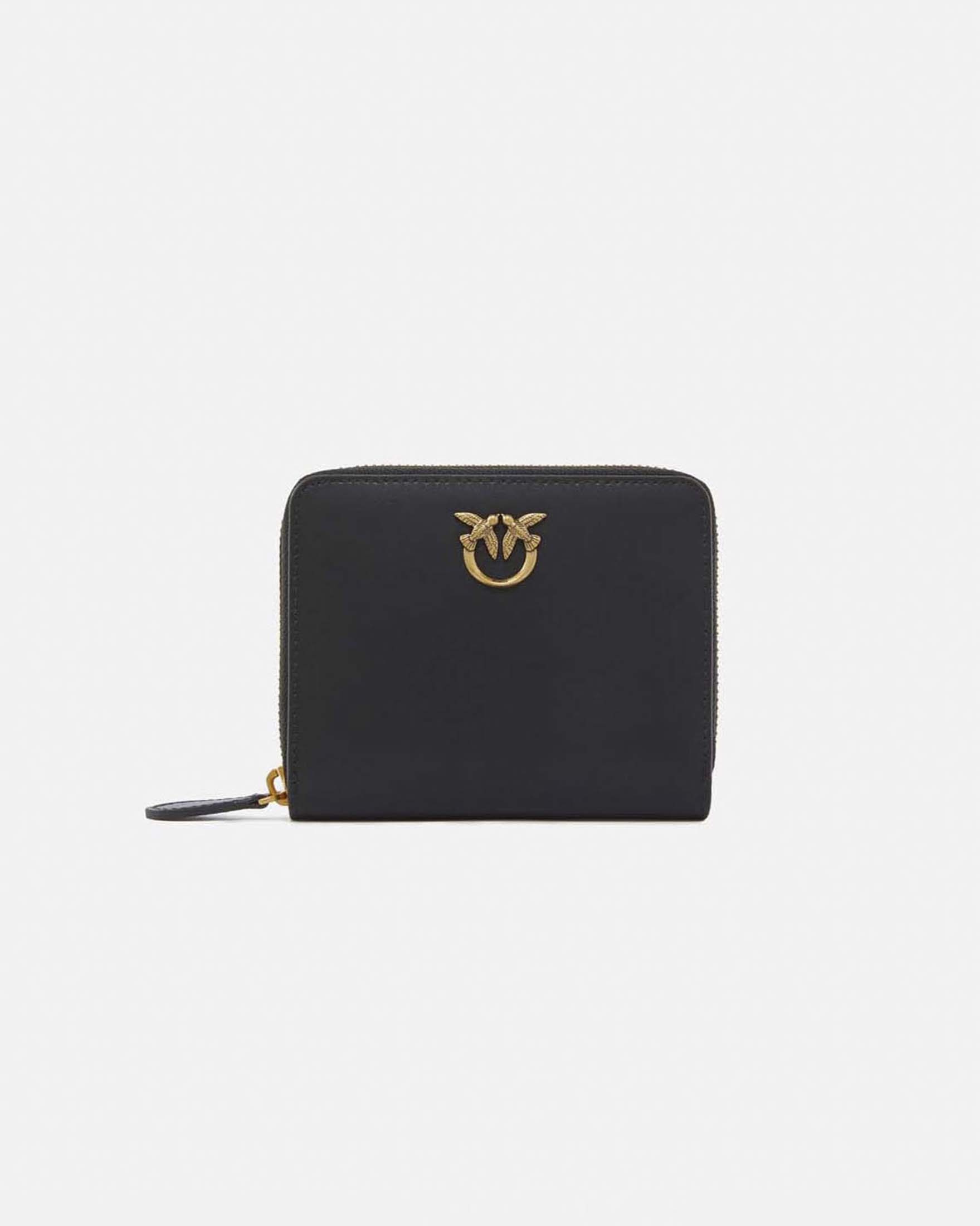 Portafoglio Pinko nero zip-around in pelle liscia con fibbia Love Birds dorata