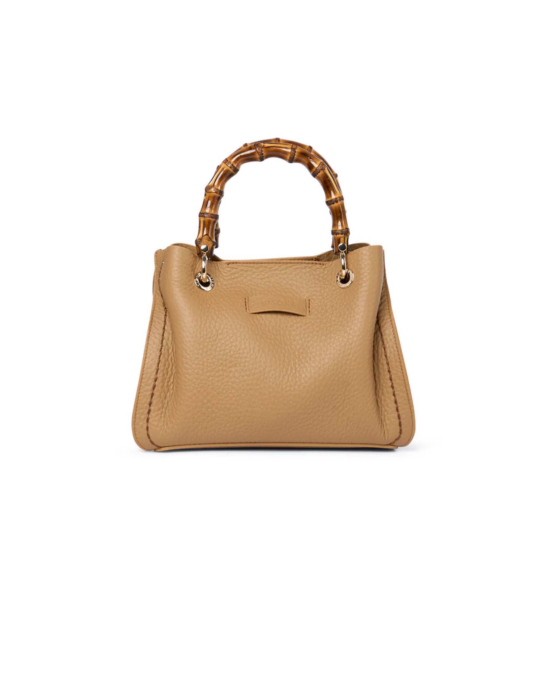 Borsa a mano a trapezio Visonà color cuoio in pelle martellata con manico in bamboo