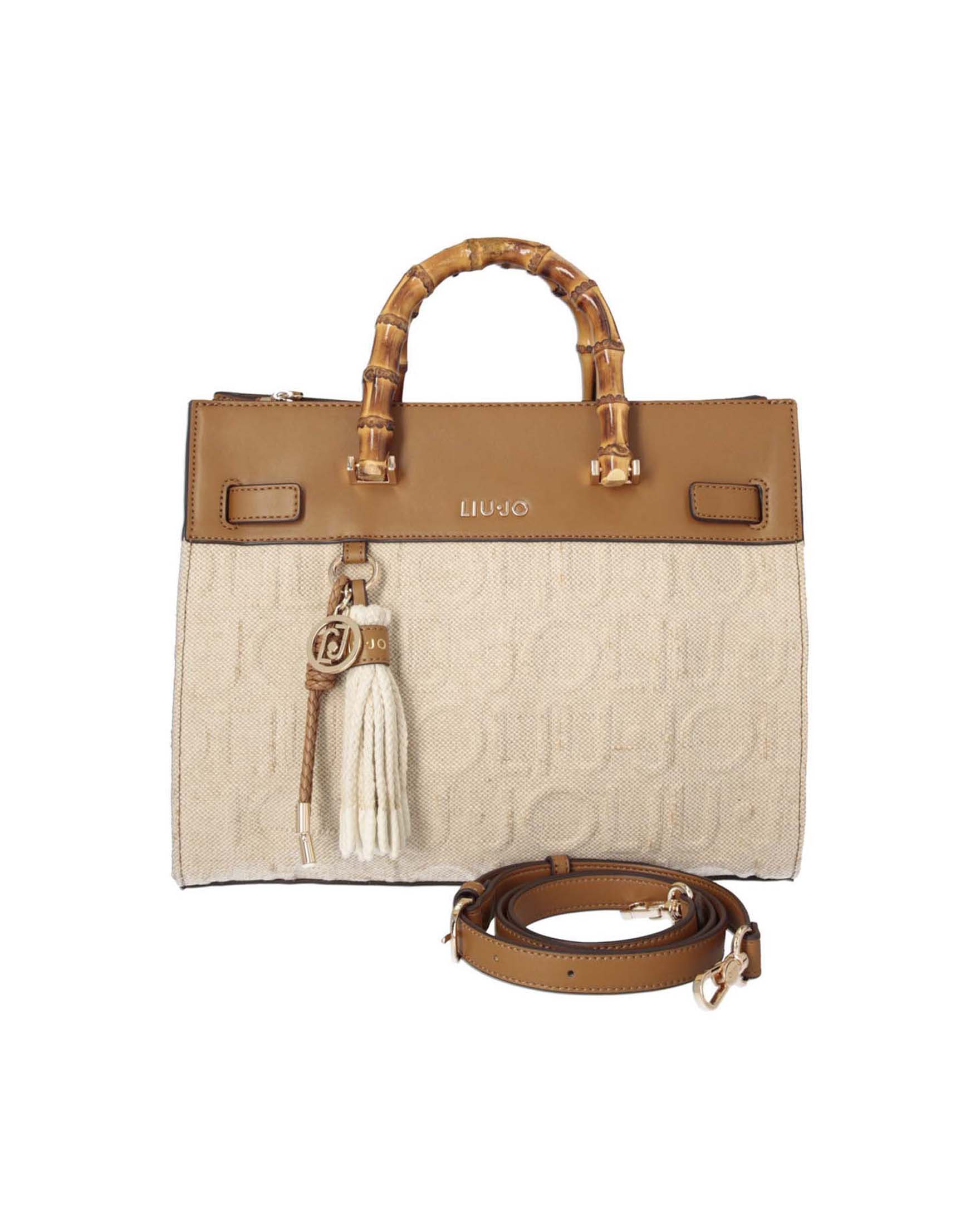 Borsa Liu Jo Accessories color cammello in misto cotone e lino con manici effetto bamboo