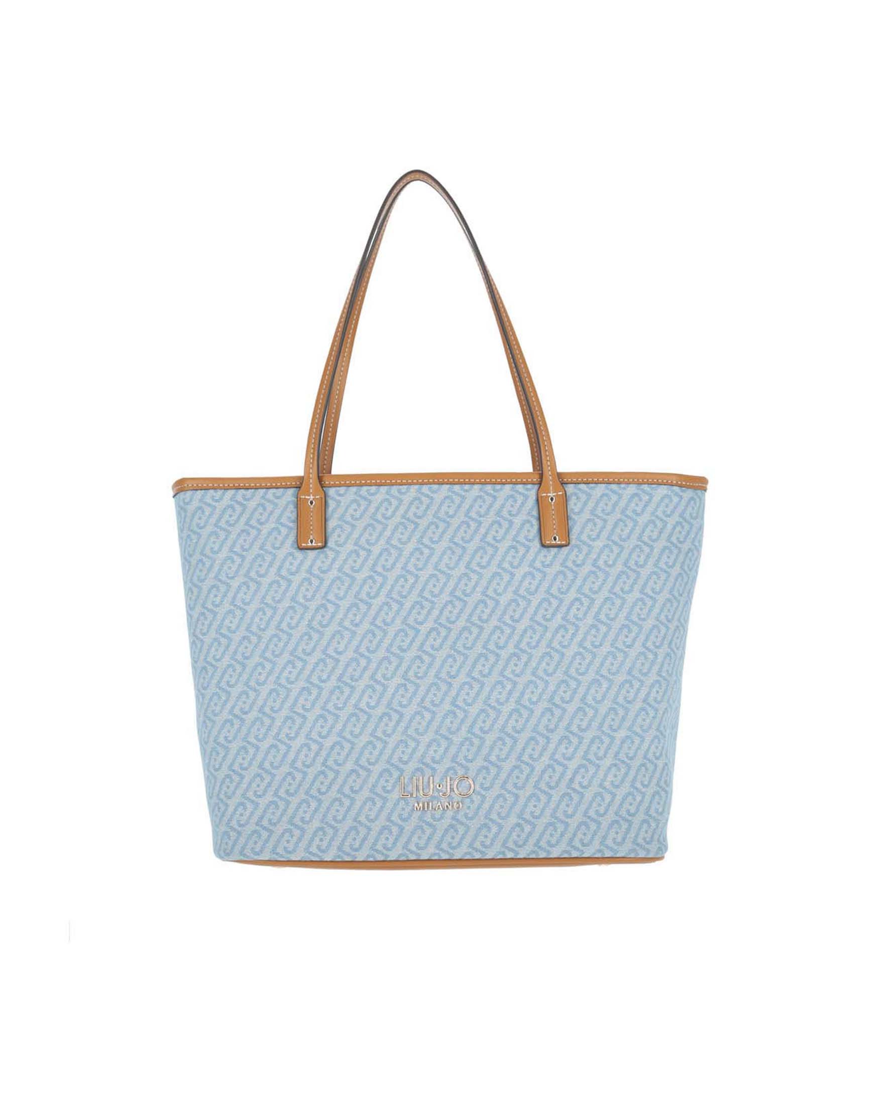 Borsa shopper Liu Jo Accessories azzurra in misto cotone con logo metallico frontale
