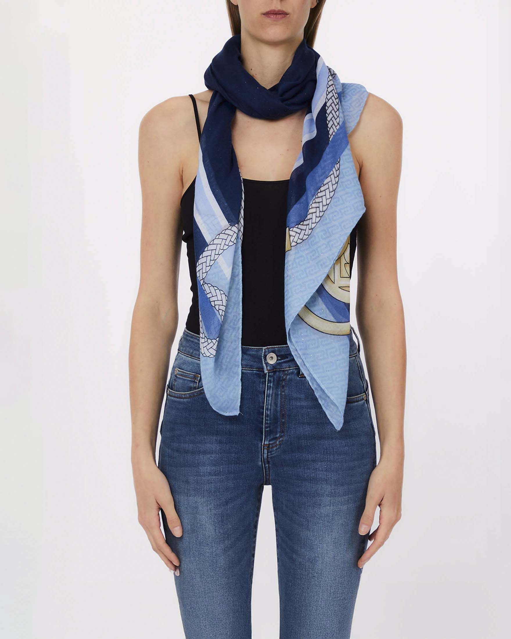 Sciarpa Liu Jo Accessories azzurra in tessuto con stampa catene e logo