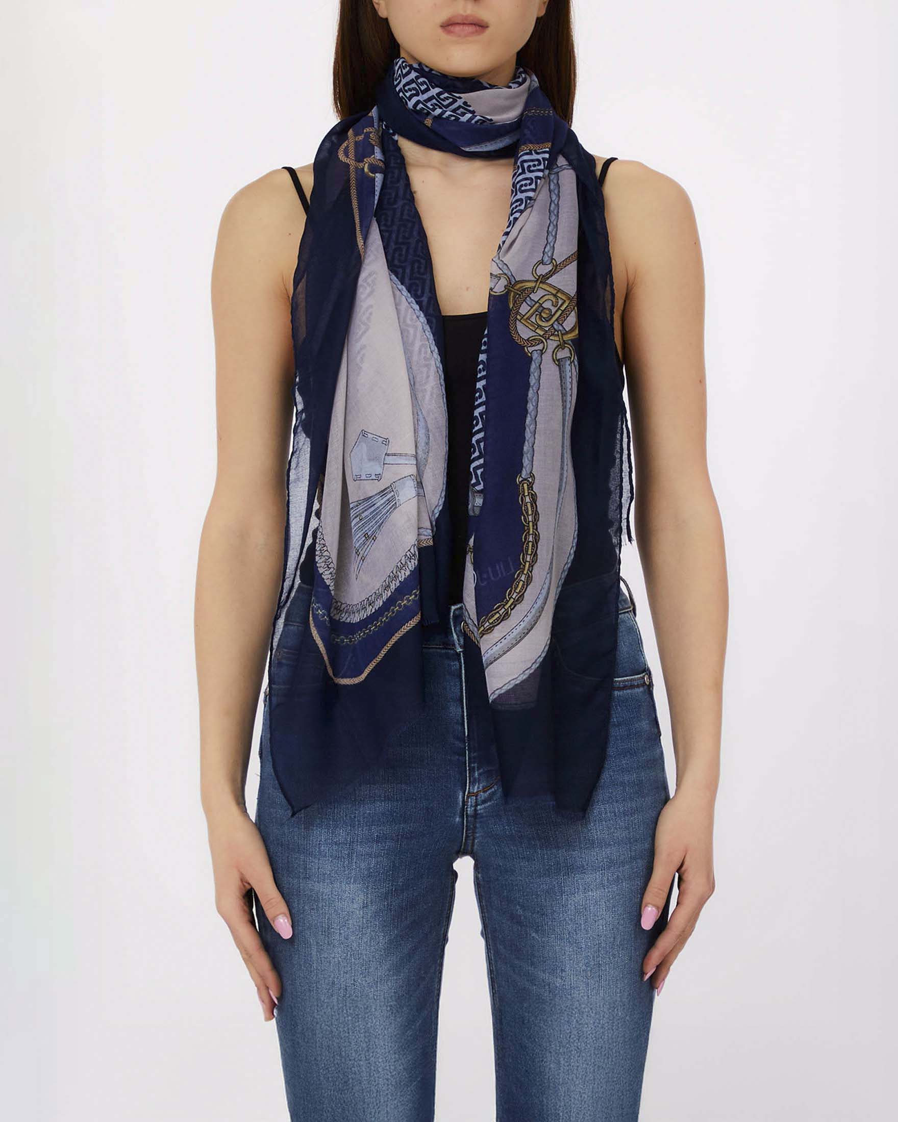 Sciarpa Liu Jo Accessories blu e beige in tessuto fine con stampa catene e monogramma