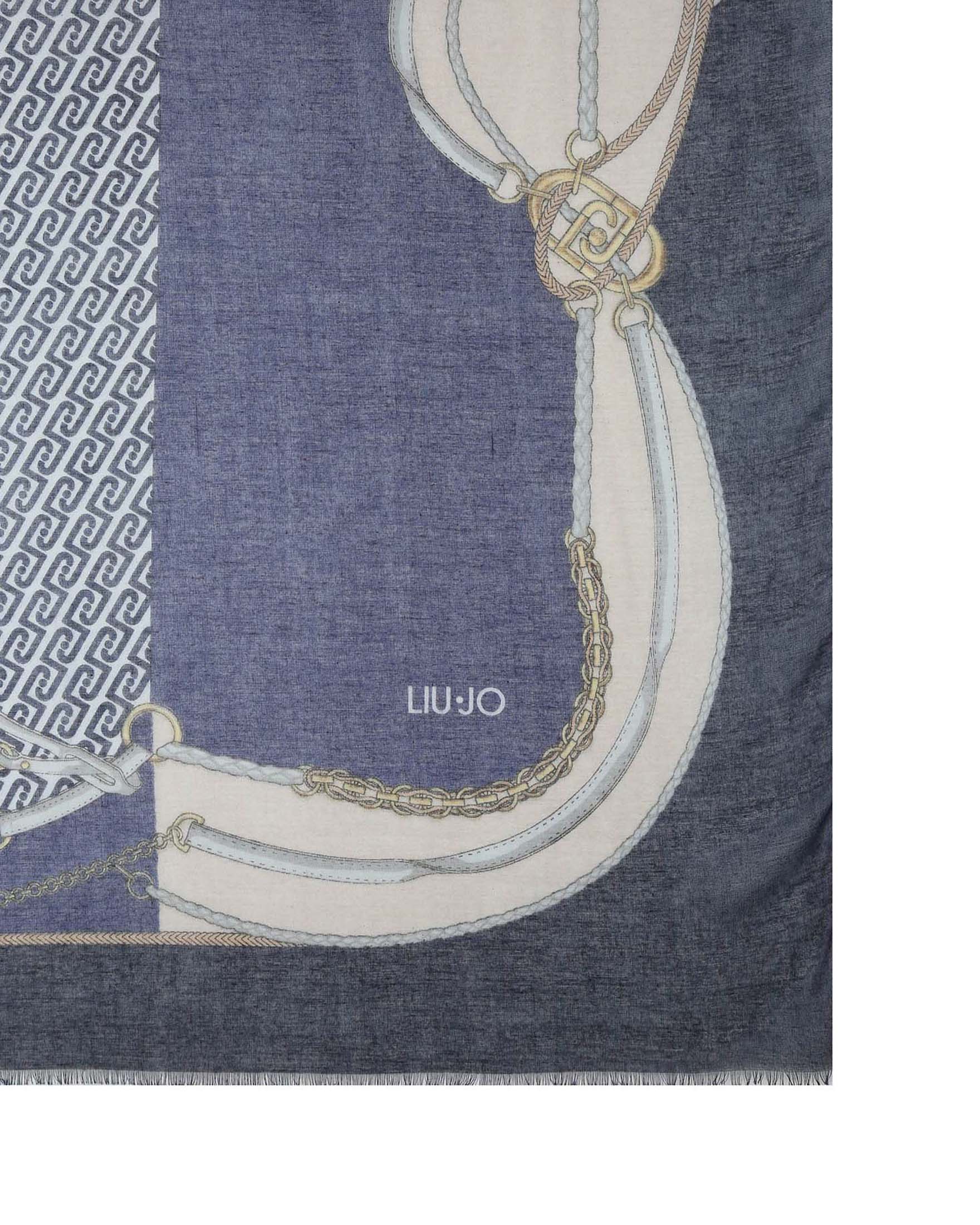 Sciarpa Liu Jo Accessories blu e beige in tessuto fine con stampa catene e monogramma image
