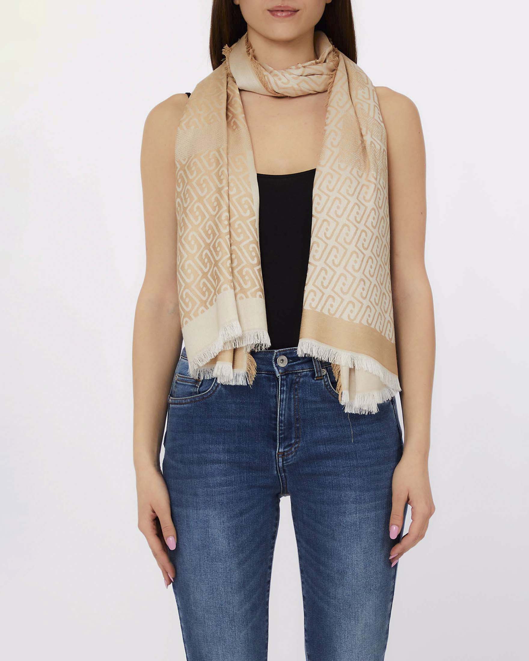 Sciarpa Liu Jo Accessories beige in viscosa con motivo logo jacquard e bordo sfrangiato