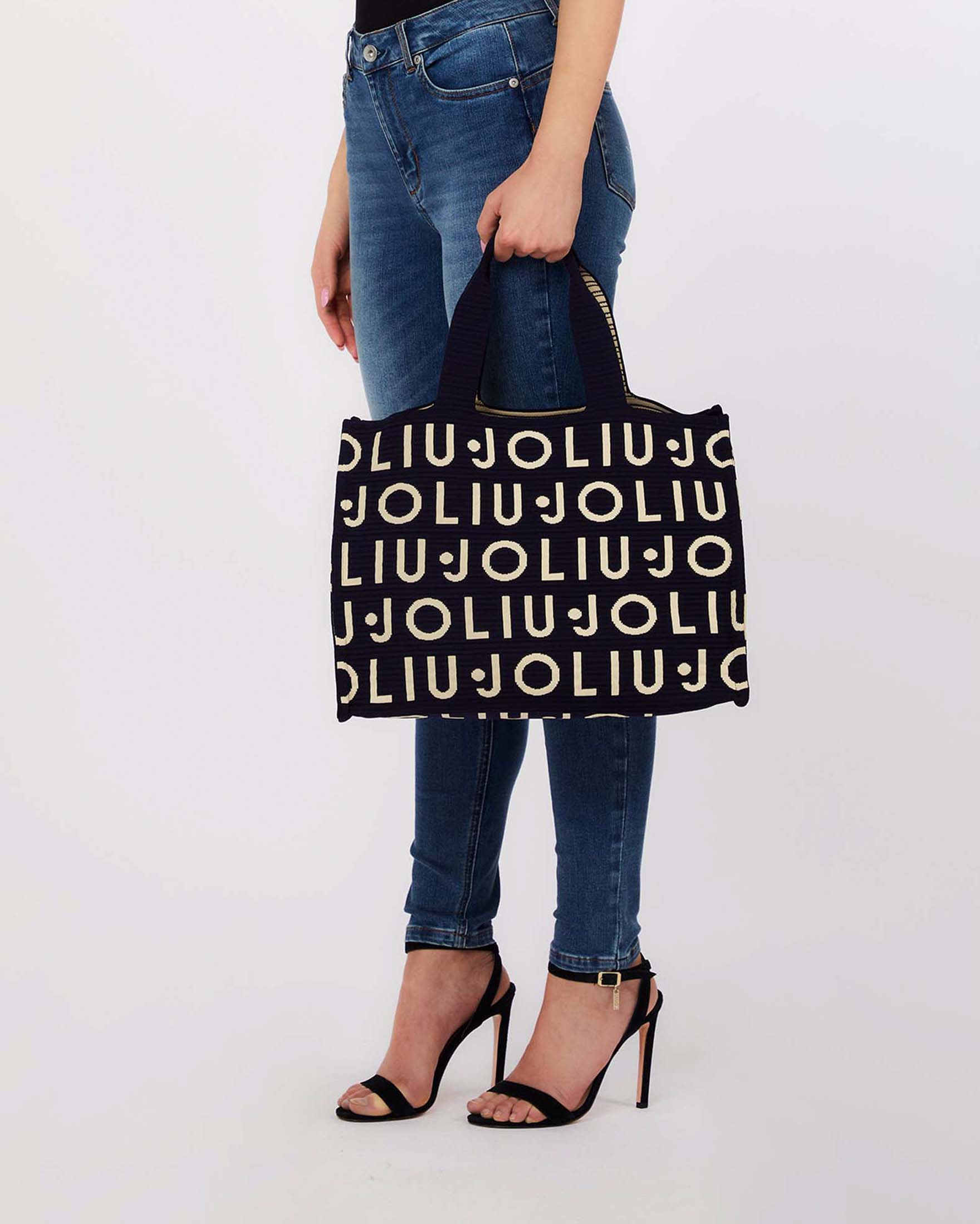 Borsa shopper Liu Jo Accessories blu con logo ricamato all over in tessuto image