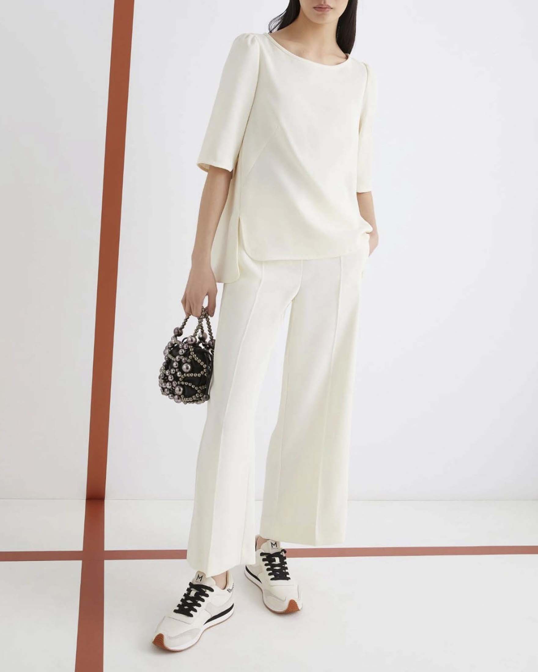 Pantalone dritto bianco Marella Art. 365 in crêpe envers satin con bande