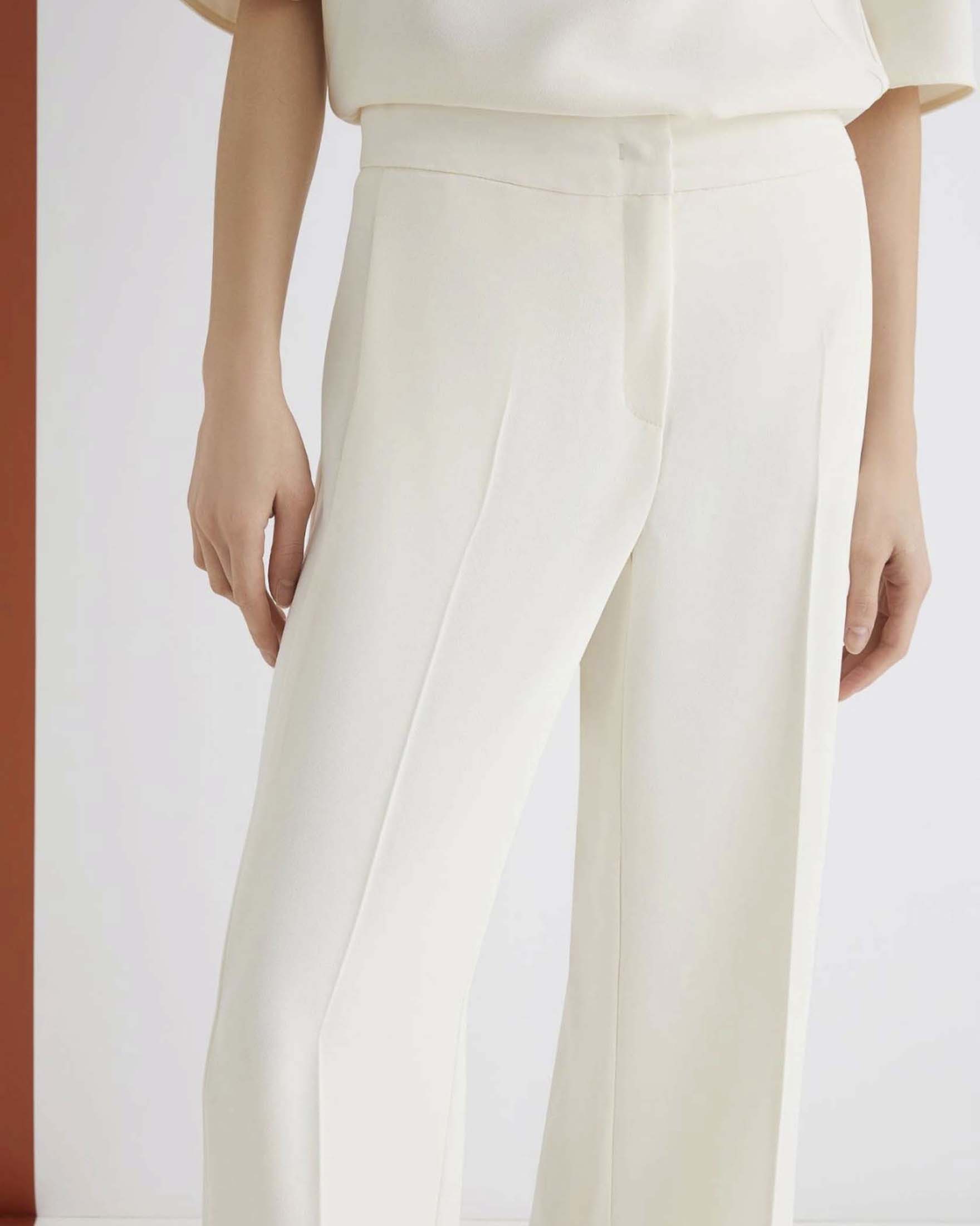 Pantalone dritto bianco Marella Art. 365 in crêpe envers satin con bande