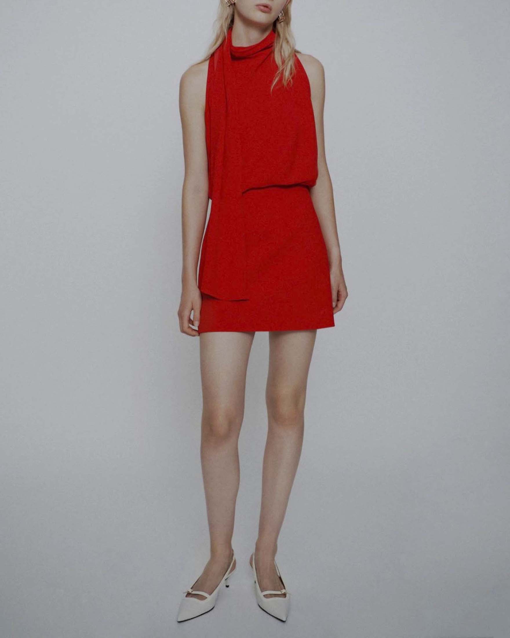 Abito svasato corto rosso Marella Art. 365 in crêpe envers satin con fusciacca