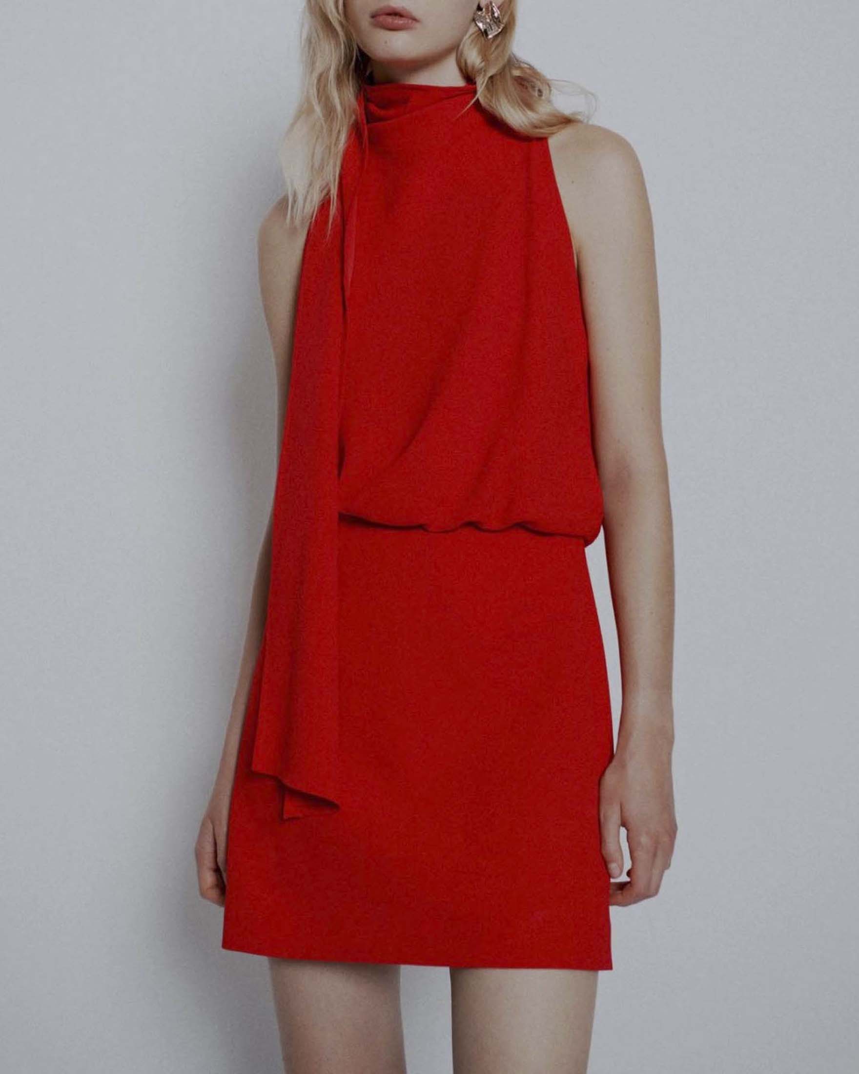 Abito svasato corto rosso Marella Art. 365 in crêpe envers satin con fusciacca image