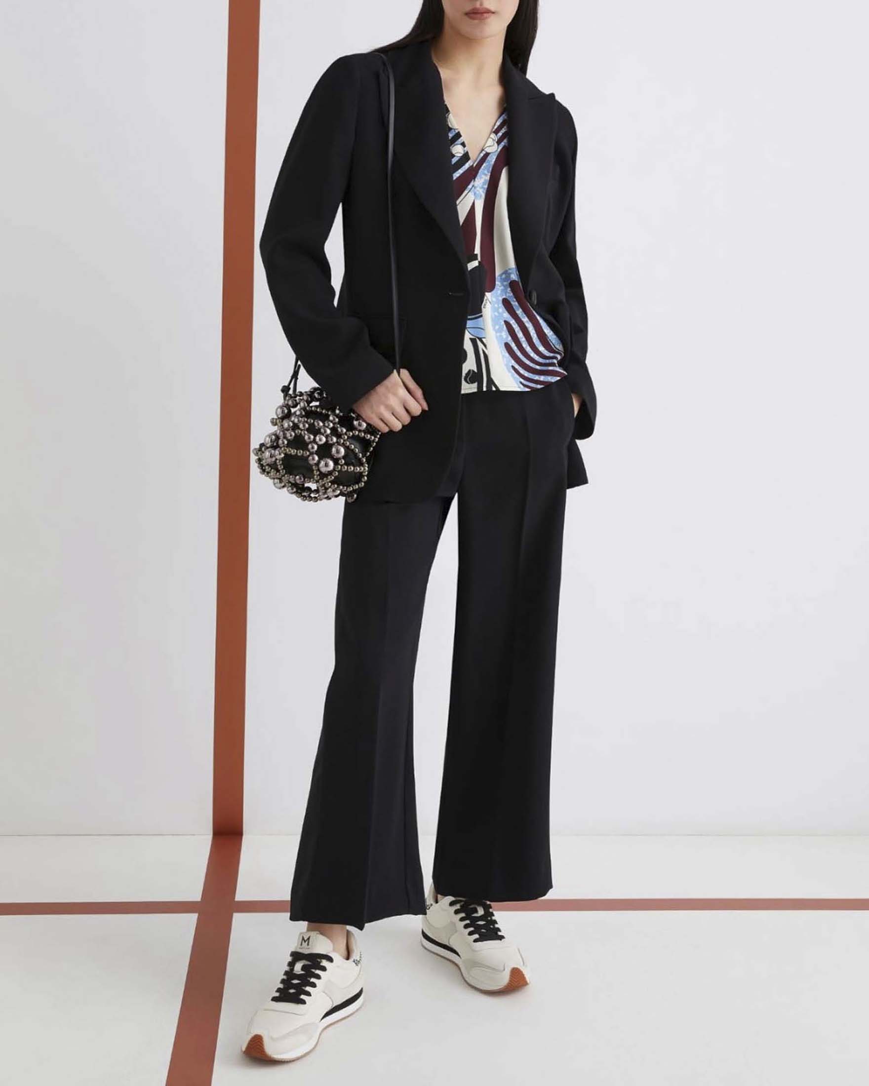 Pantalone dritto nero Marella Art. 365 in crêpe envers satin con bande