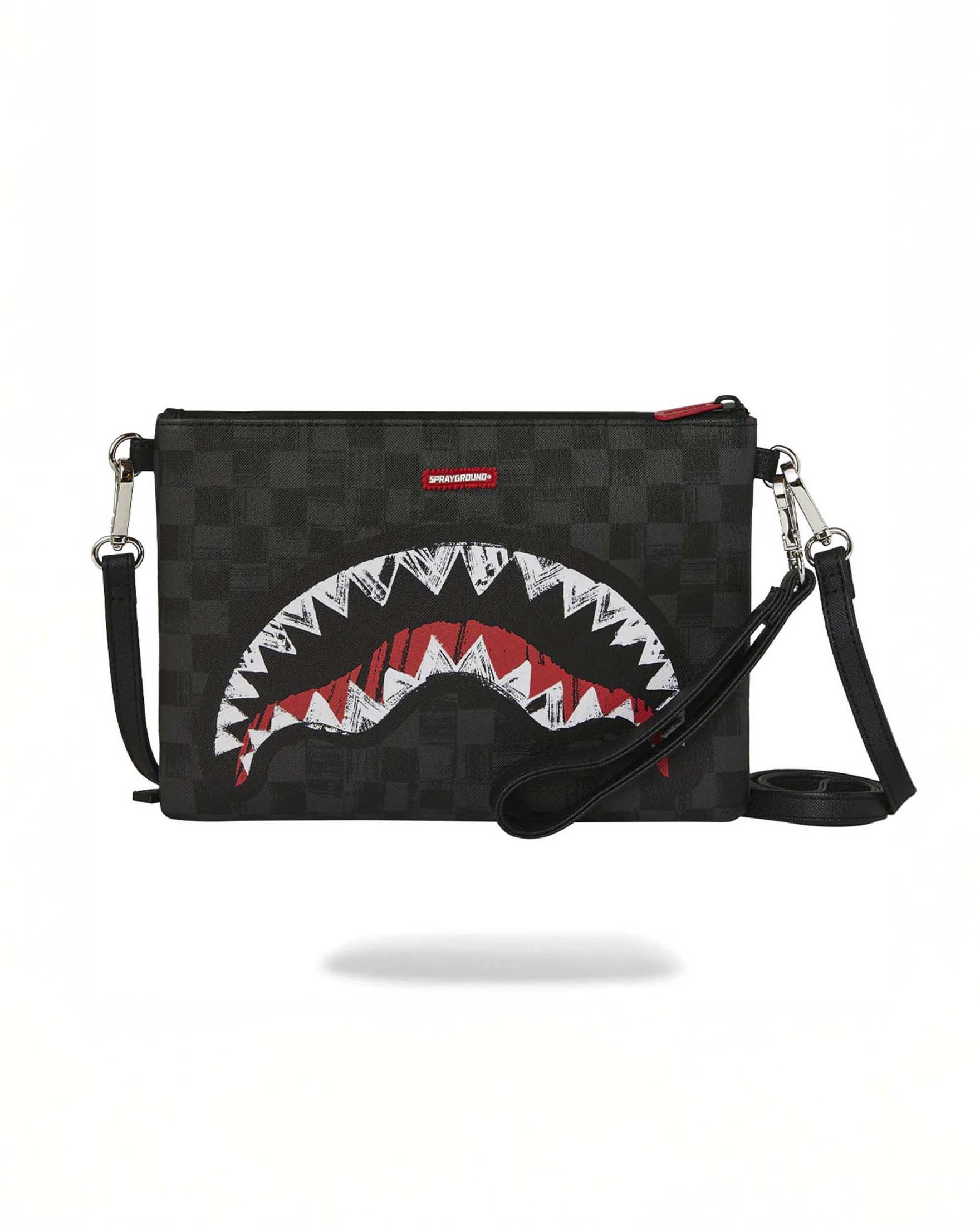 Pochette Sprayground Scribble Shark in similpelle con motivo a scacchi neri e grigi