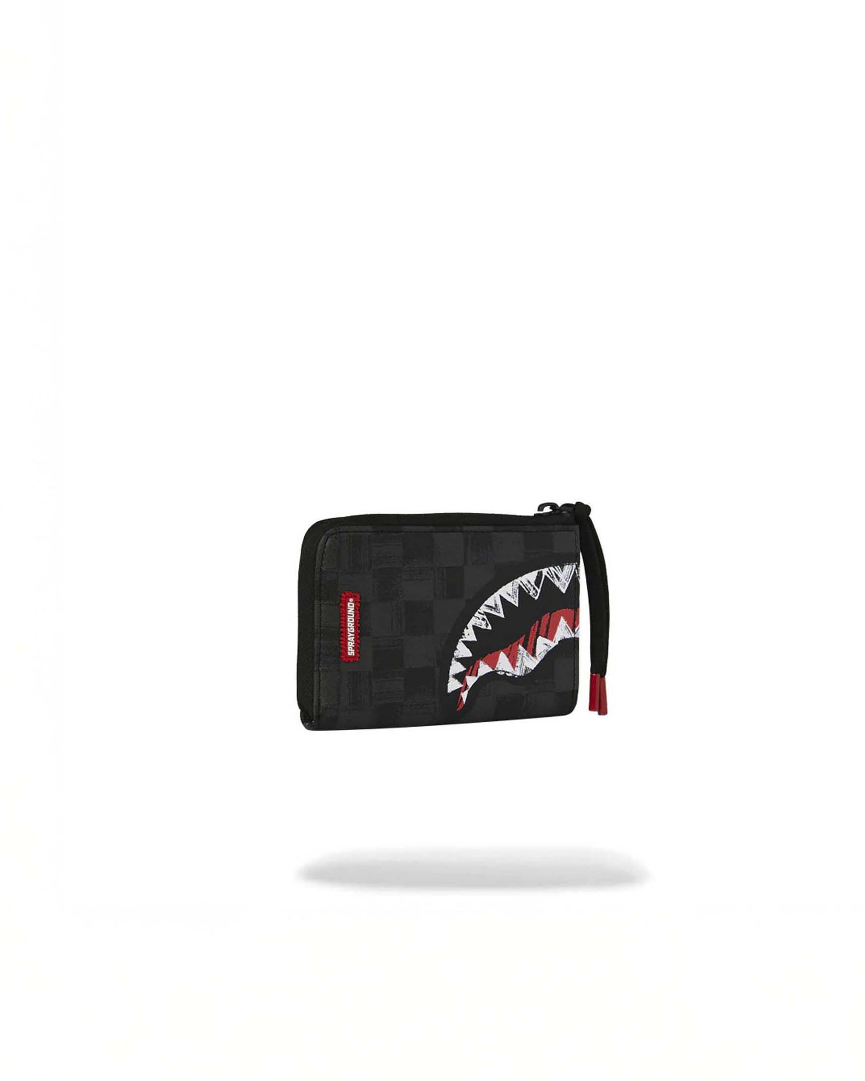 Portafoglio Sprayground Scribble Shark in similpelle con motivo a scacchi neri e grigi image