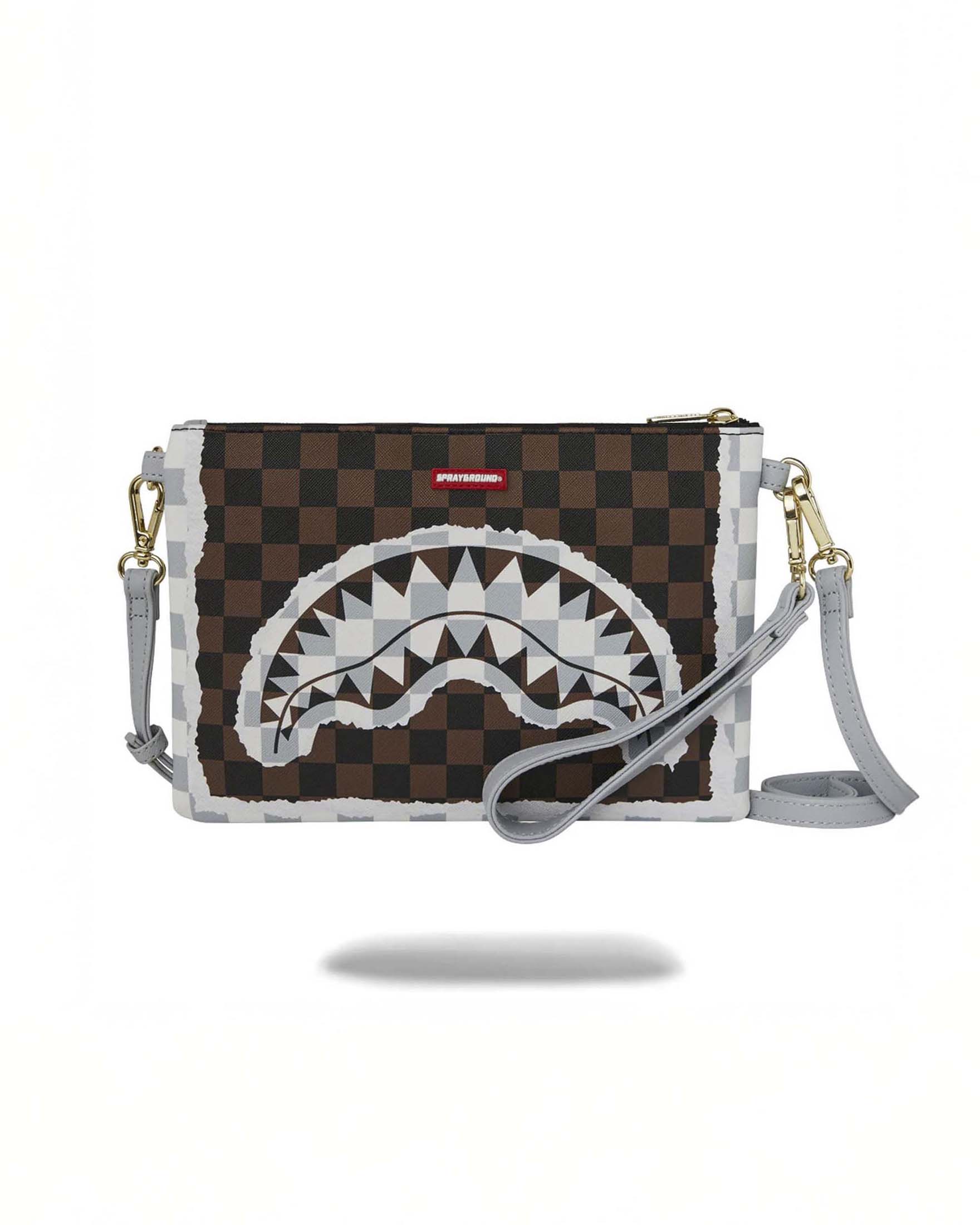 Pochette Sprayground Cream and Brown Tear Check in similpelle con motivo a scacchi marroni e neri