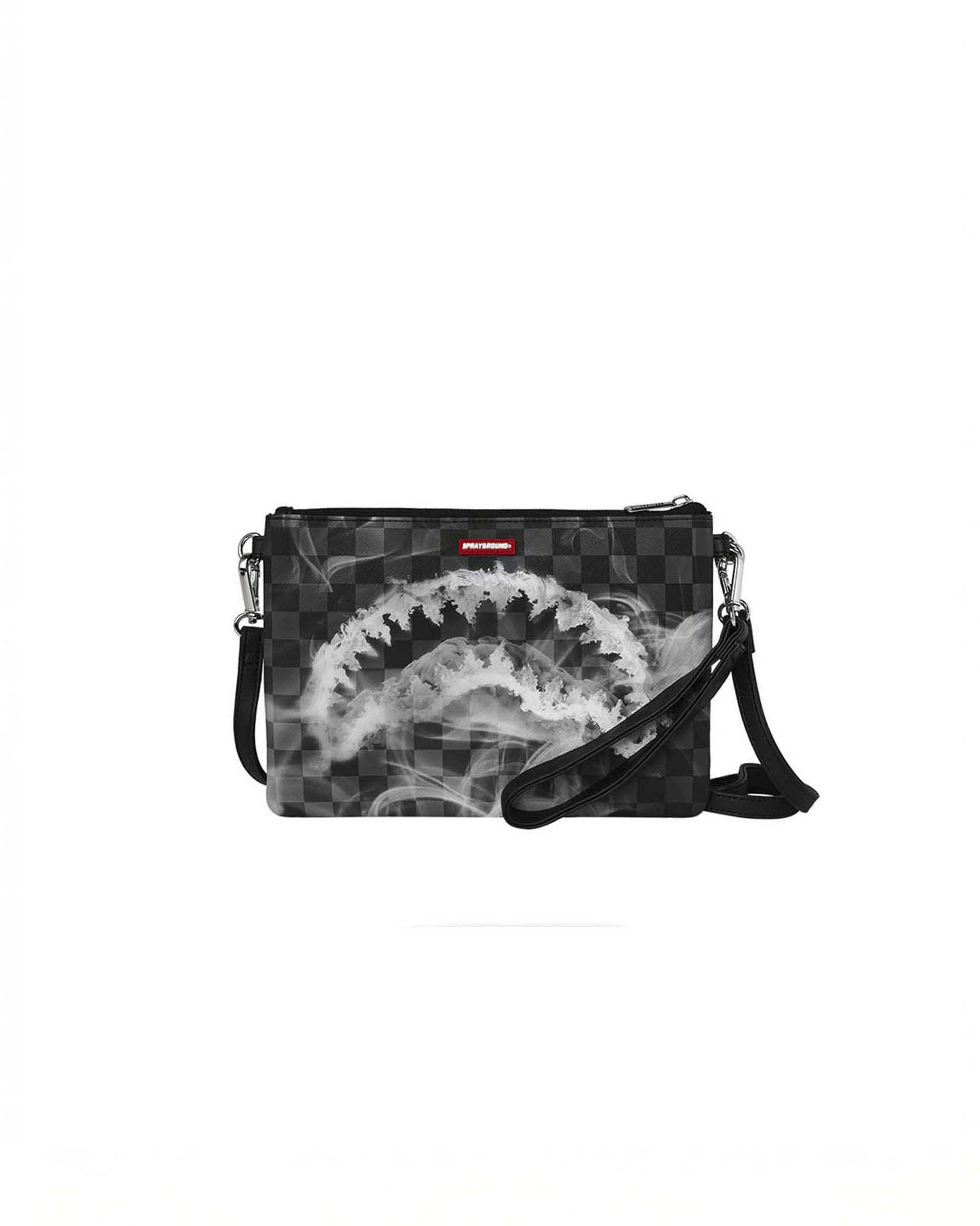 Pochette Sprayground Sip N' Smoke in similpelle con motivo a scacchi neri e grigi ed effetto fumo