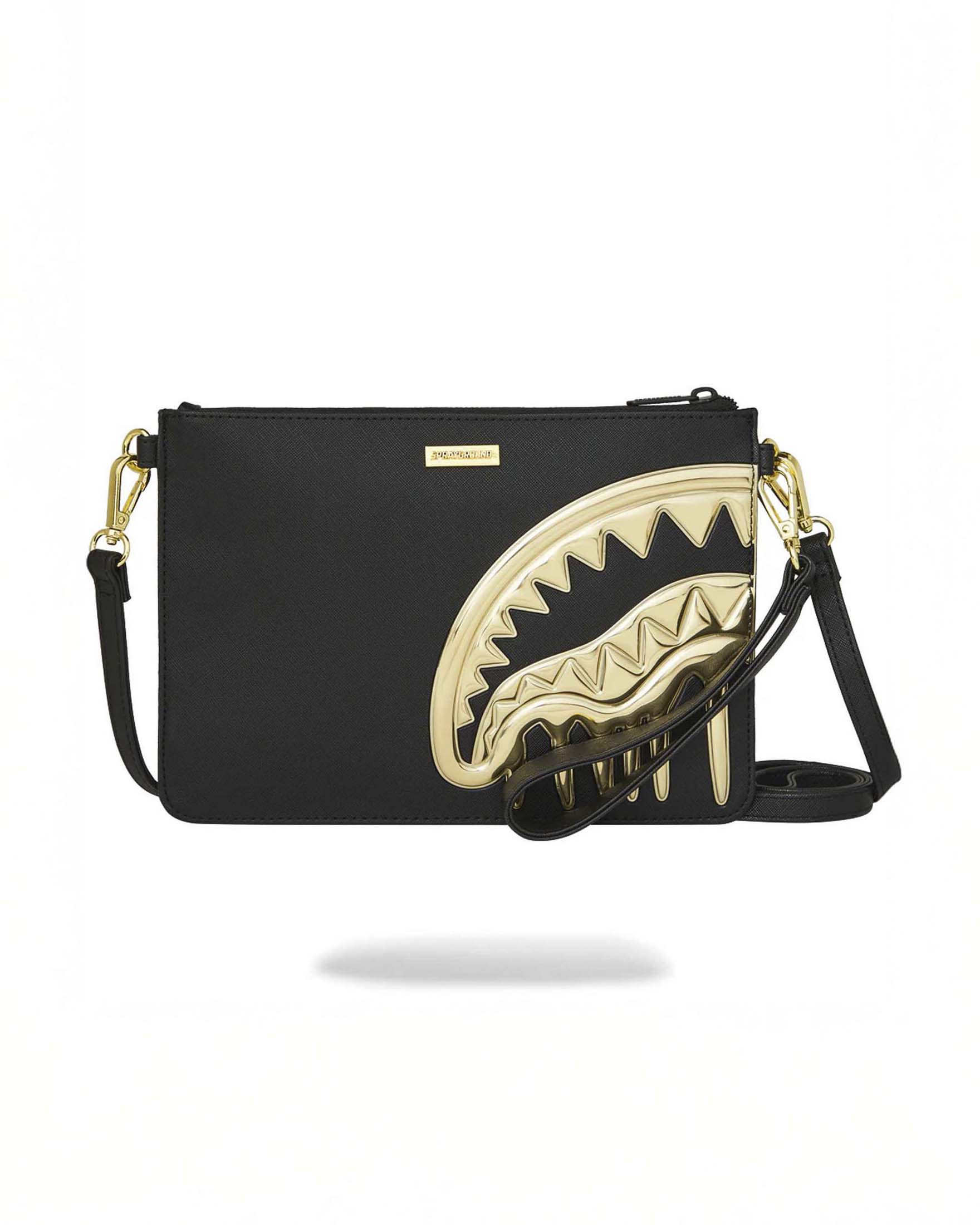 Pochette Sprayground Gold and Dangerous in similpelle saffiano con fauci dorate e colata