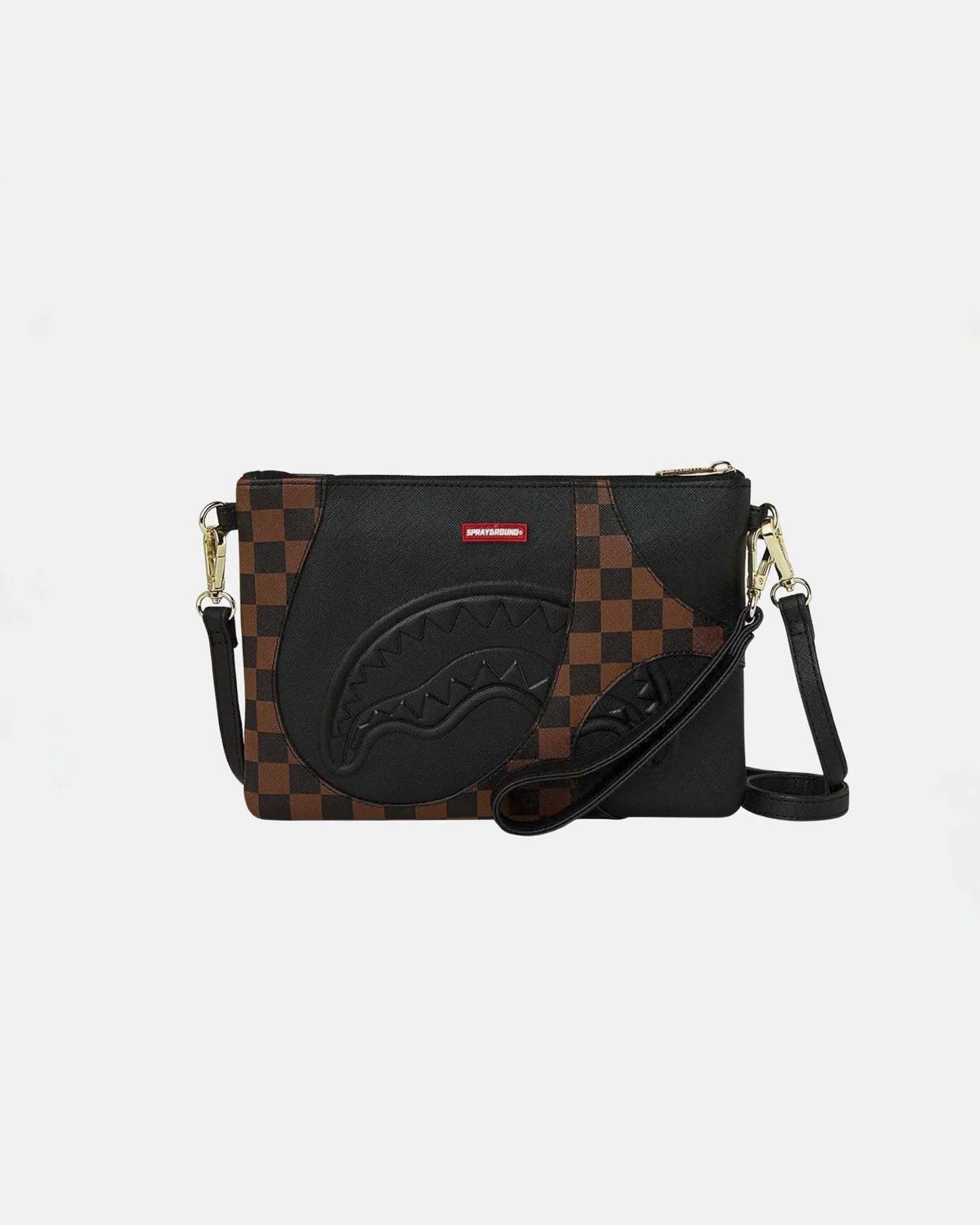 Pochette Sprayground Jetstream Brown in similpelle con dettaglio a scacchi marroni e neri