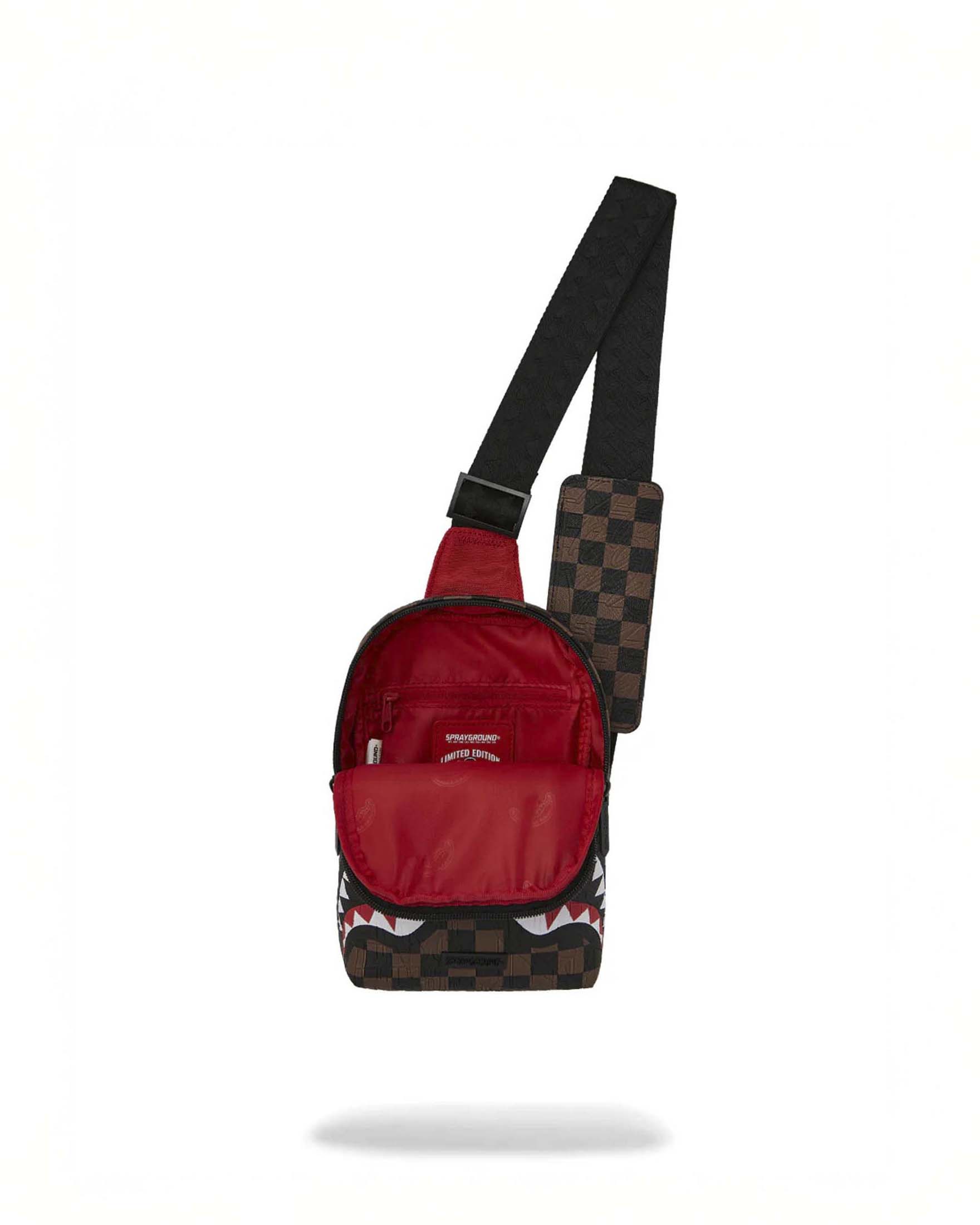 Borsetta a tracolla Sprayground Check 2 Emboss in similpelle con motivo a scacchi neri e marroni e fauci di squalo image