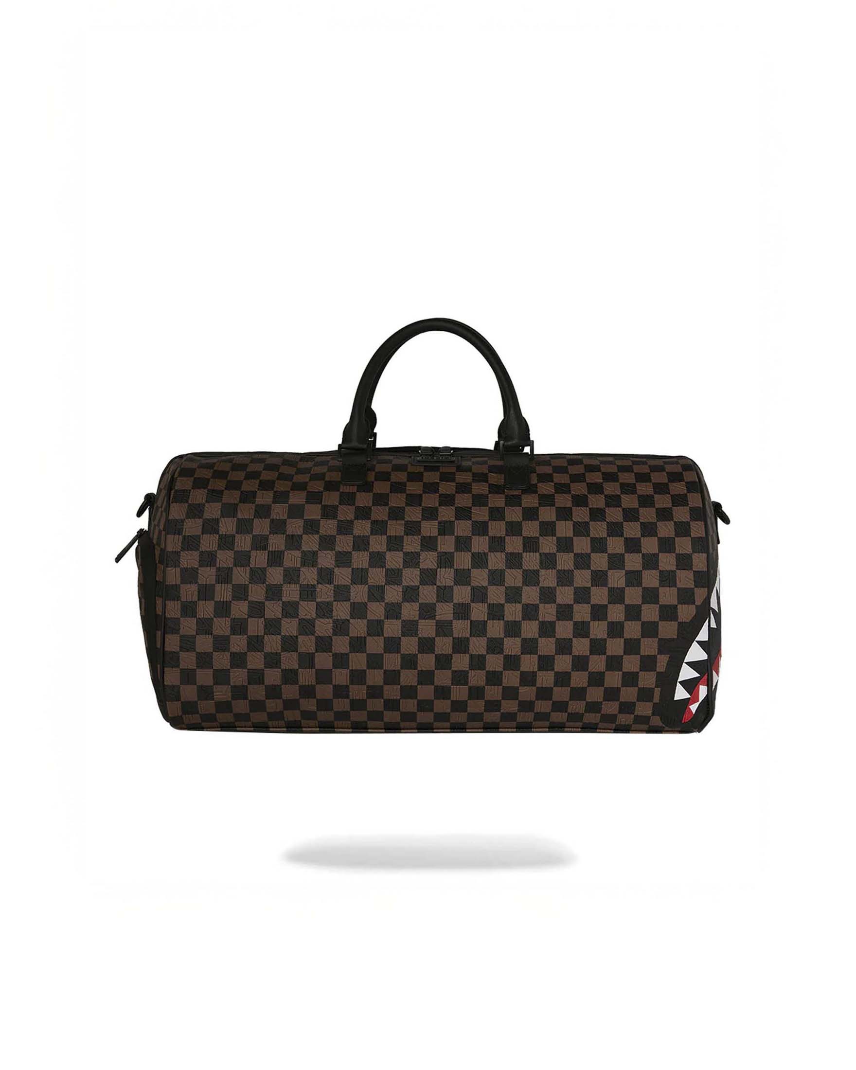 Borsone Check 2 Emboss in similpelle con motivo a scacchi neri e marroni e fauci di squalo