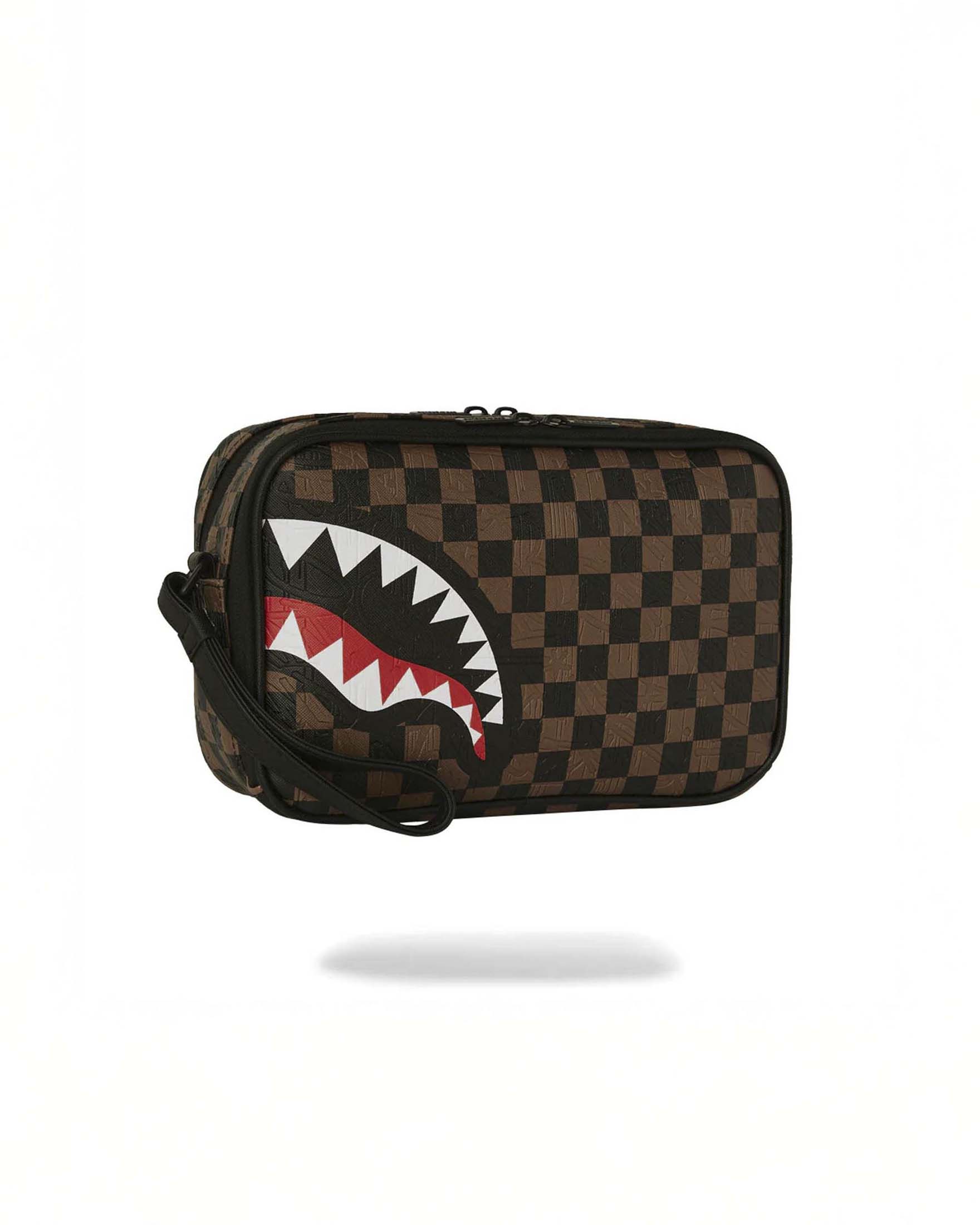 Beauty case Check 2 Emboss in similpelle con motivo a scacchi neri e marroni e fauci di squalo image