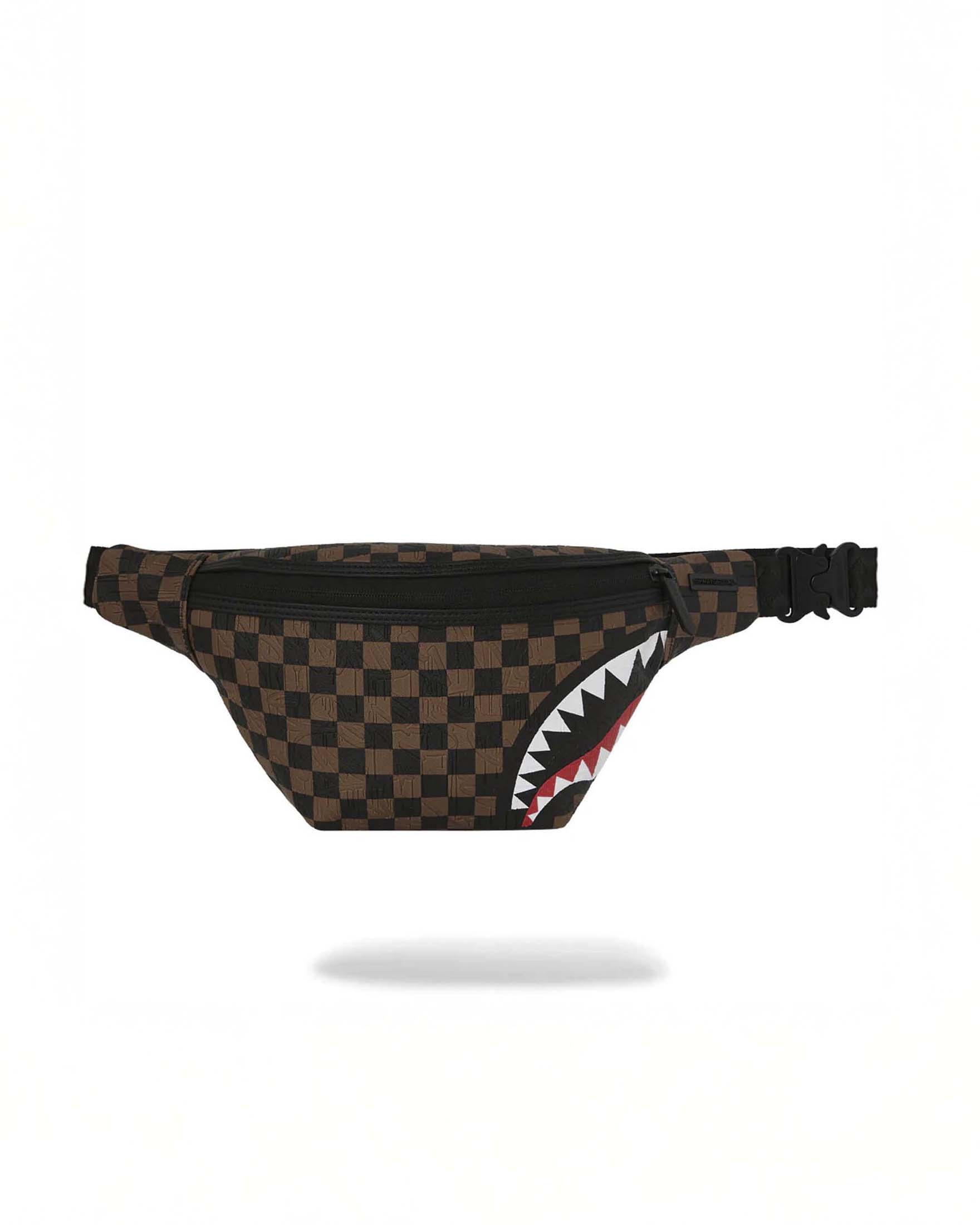 Marsupio Check 2 Emboss in similpelle con motivo a scacchi neri e marroni e fauci di squalo