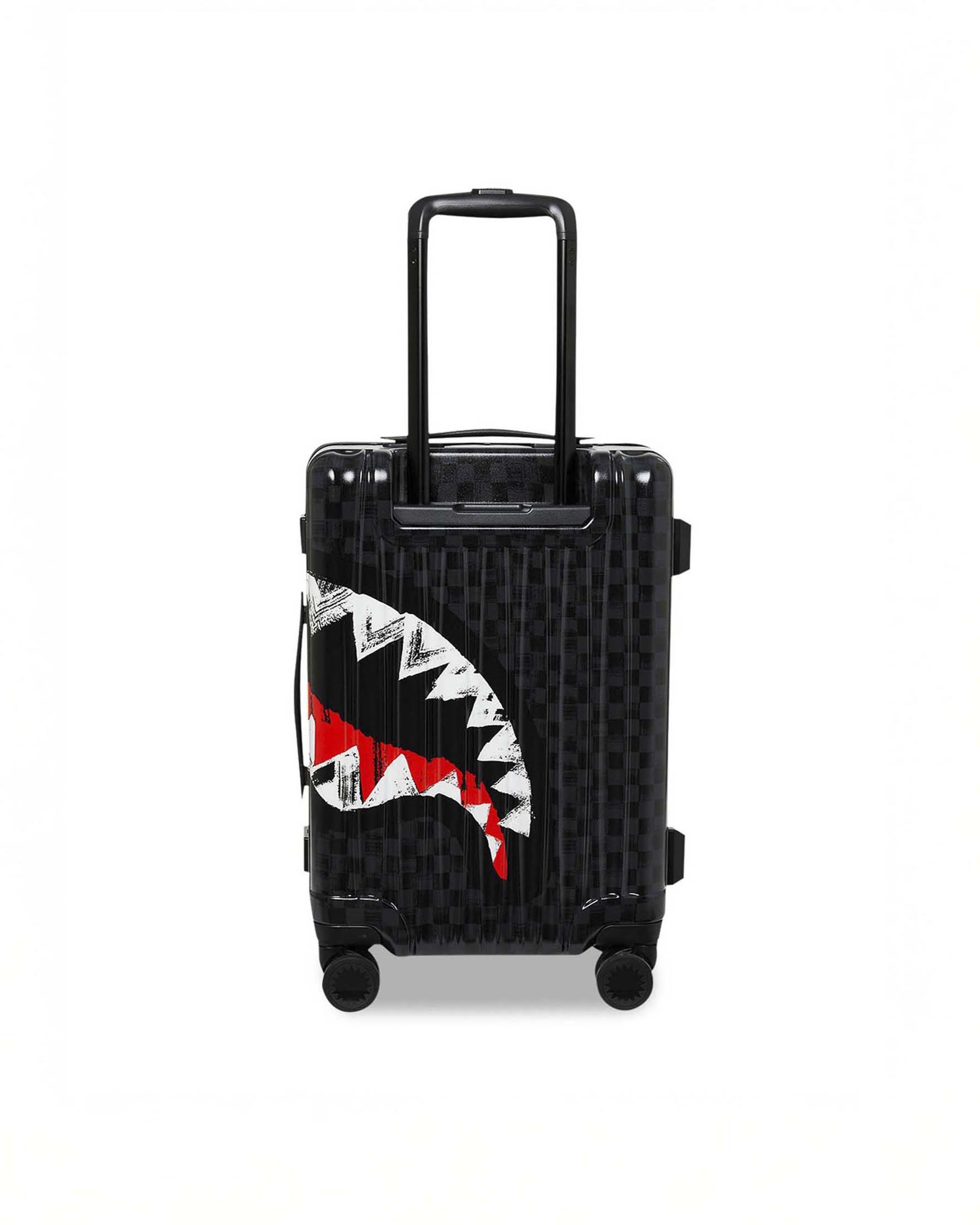 Trolley Sprayground Scribble Shark Carry-on luggage con motivo a scacchi neri e grigi