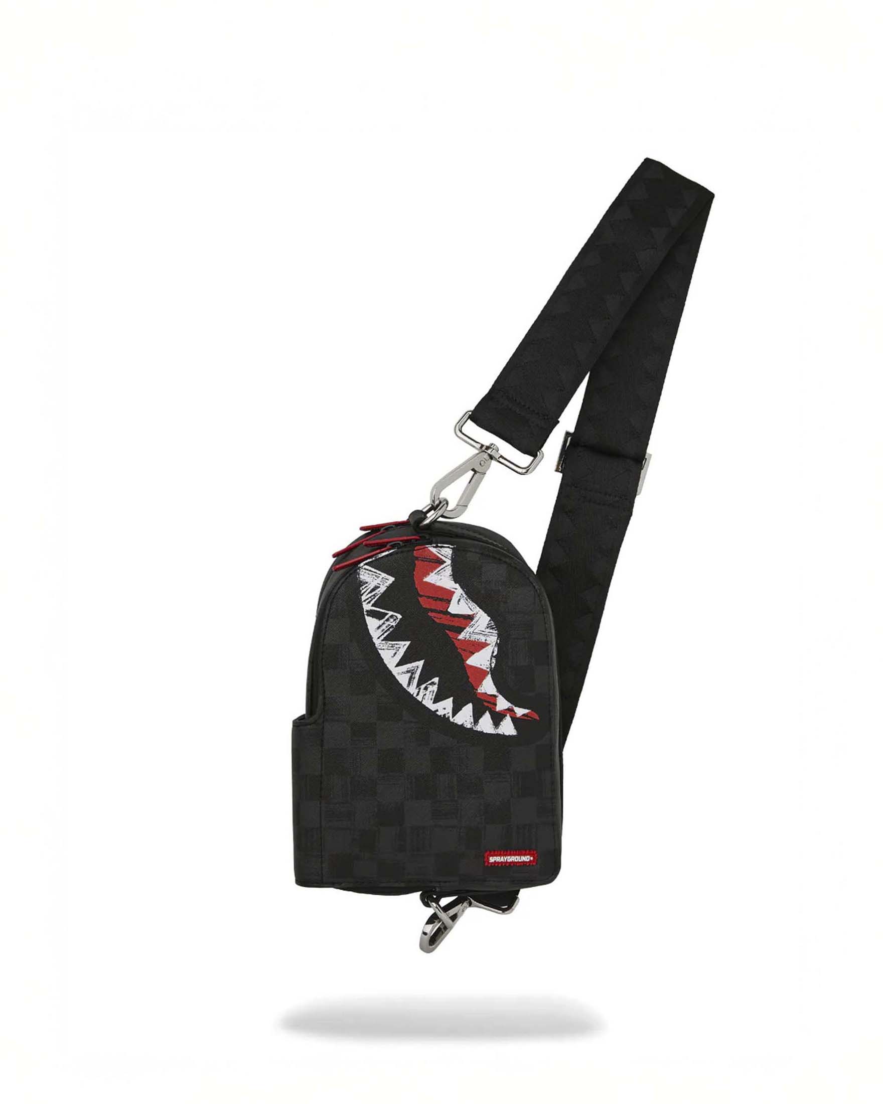 Borsetta a tracolla Sprayground Scribble Shark in similpelle con motivo a scacchi neri e grigi e fauci di squalo