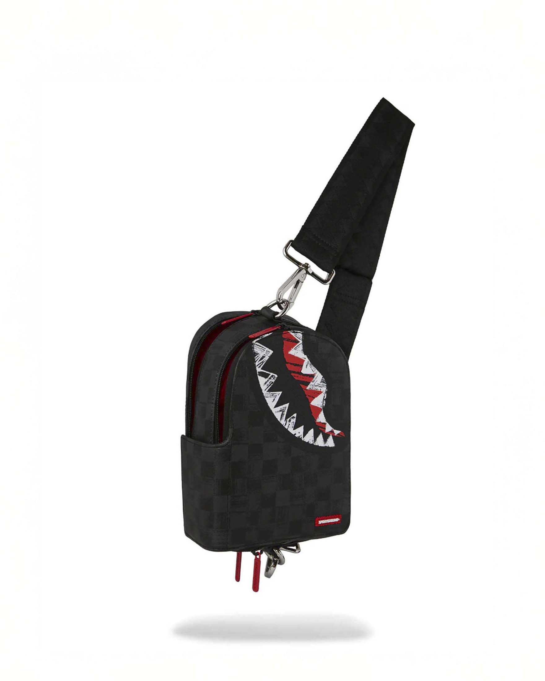 Borsetta a tracolla Sprayground Scribble Shark in similpelle con motivo a scacchi neri e grigi e fauci di squalo image